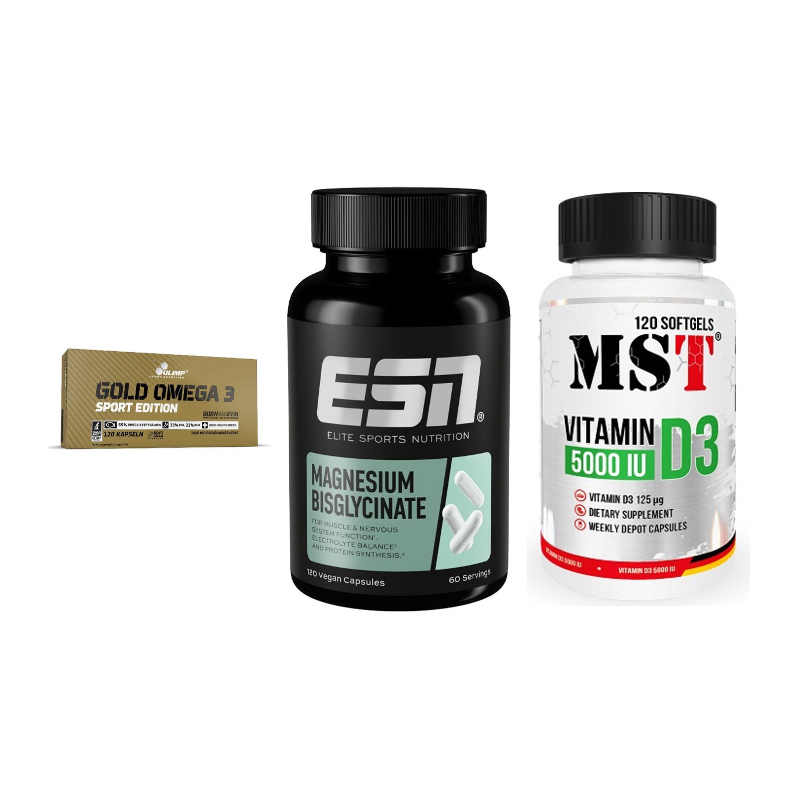 Herz & Gefäße: Olimp Omega 3 + ESN Magnesium + MST Vitamin D3 – alle enthaltenen Artikel