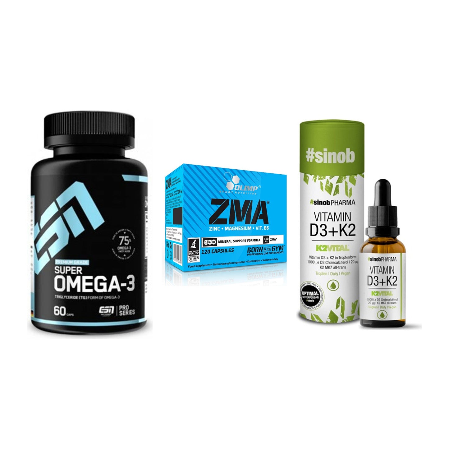 Herz & Gefäße: ESN Omega 3 + Olimp ZMA + Sinob Vitamin D3 + K2 Tropfen – alle enthaltenen Artikel
