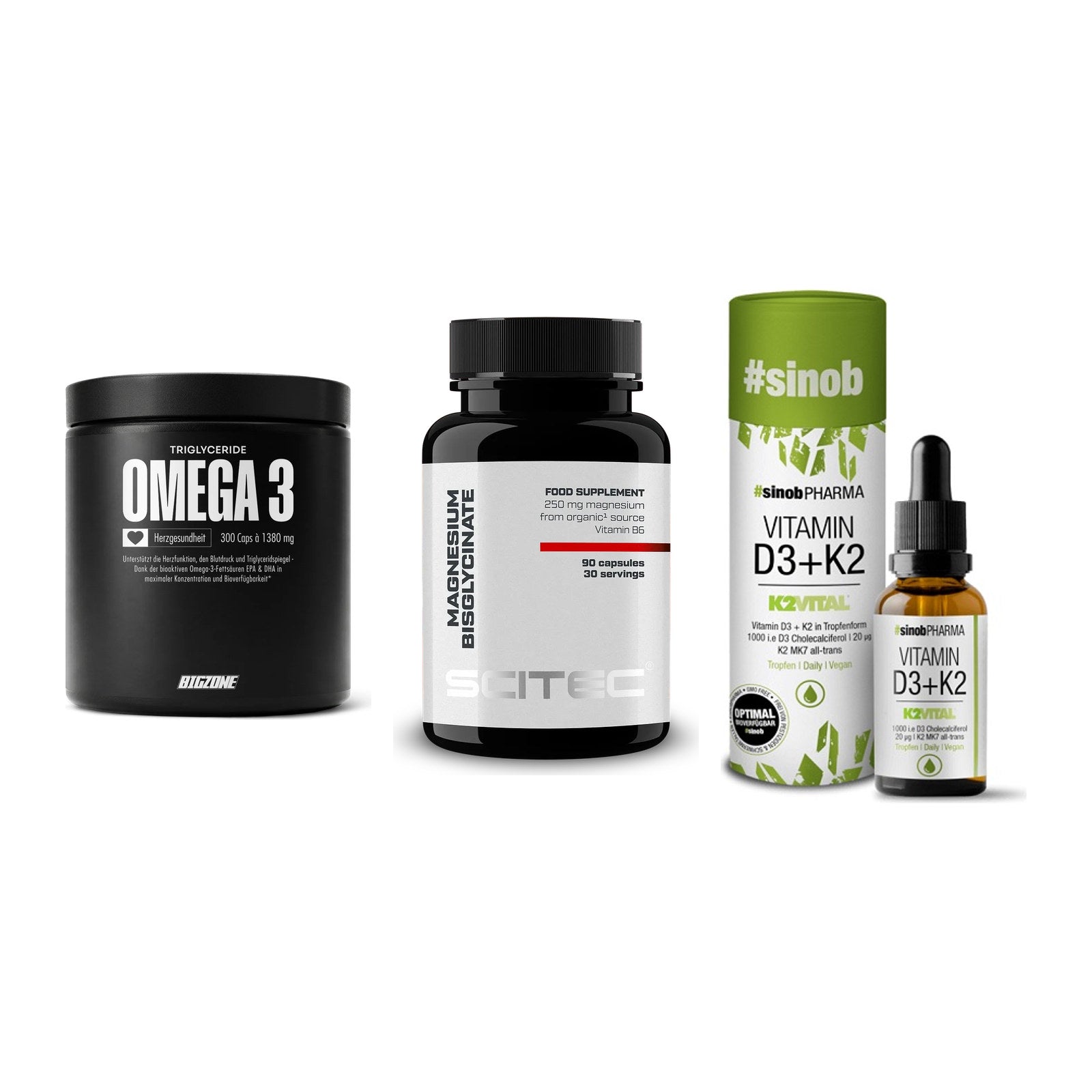 Herz & Gefäße: Big Zone Omega 3 + Scitec Magnesium + Sinob Vitamin D3 – alle enthaltenen Artikel