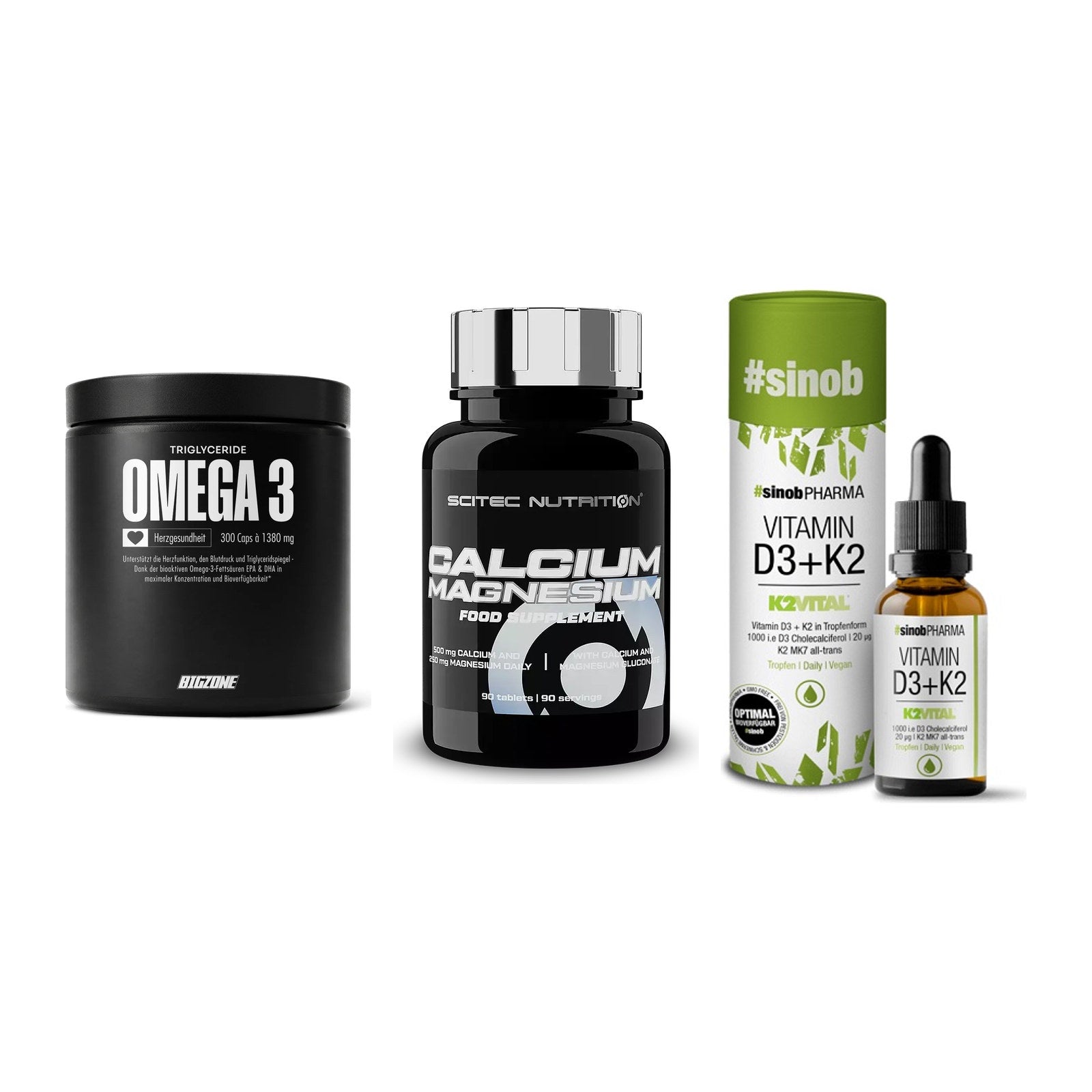 Herz & Gefäße: Big Zone Omega 3 + Scitec Calcium + Sinob Vitamin D3 – alle enthaltenen Artikel