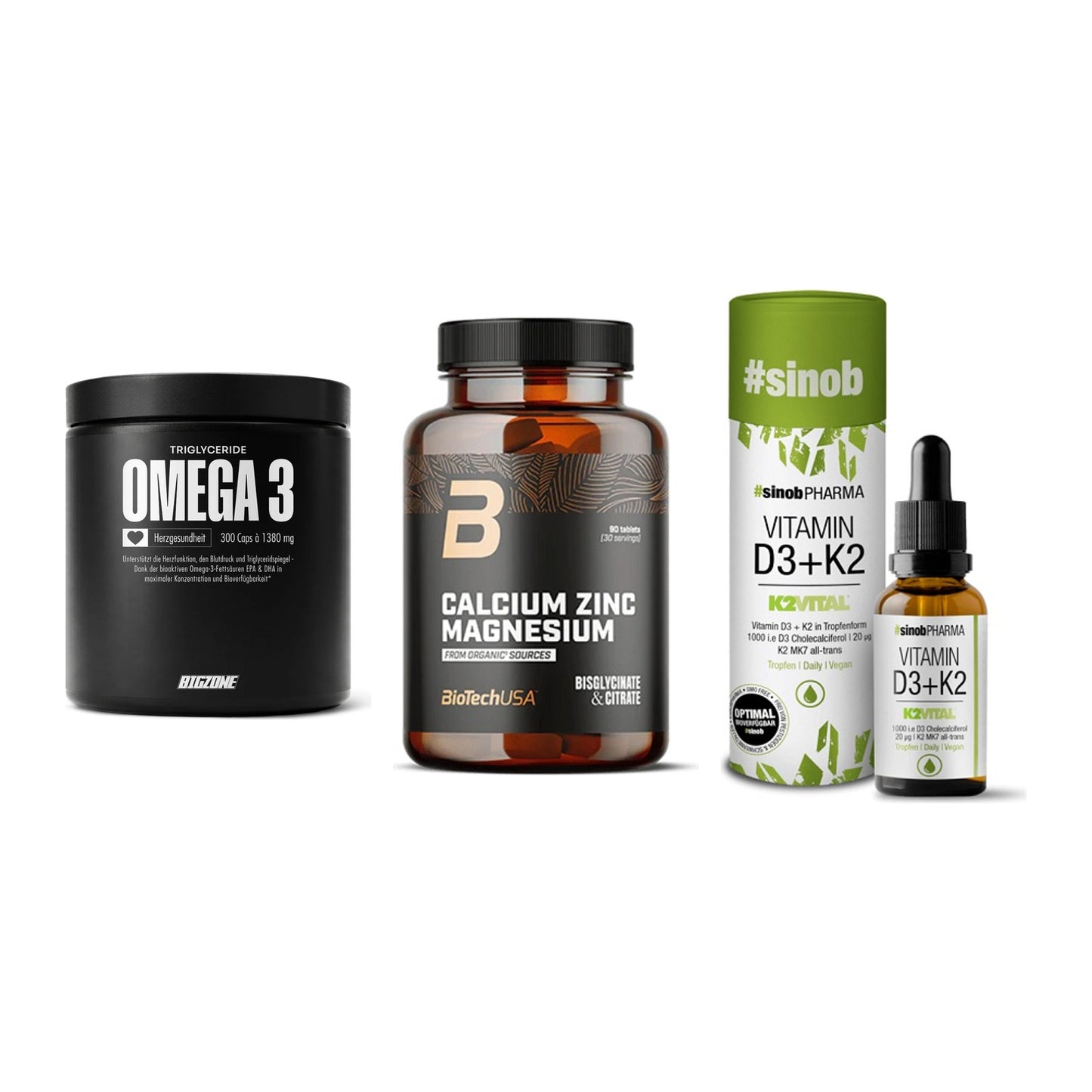 Herz & Gefäße: Big Zone Omega 3 + BioTech Calcium + Sinob Vitamin D3 – alle enthaltenen Artikel