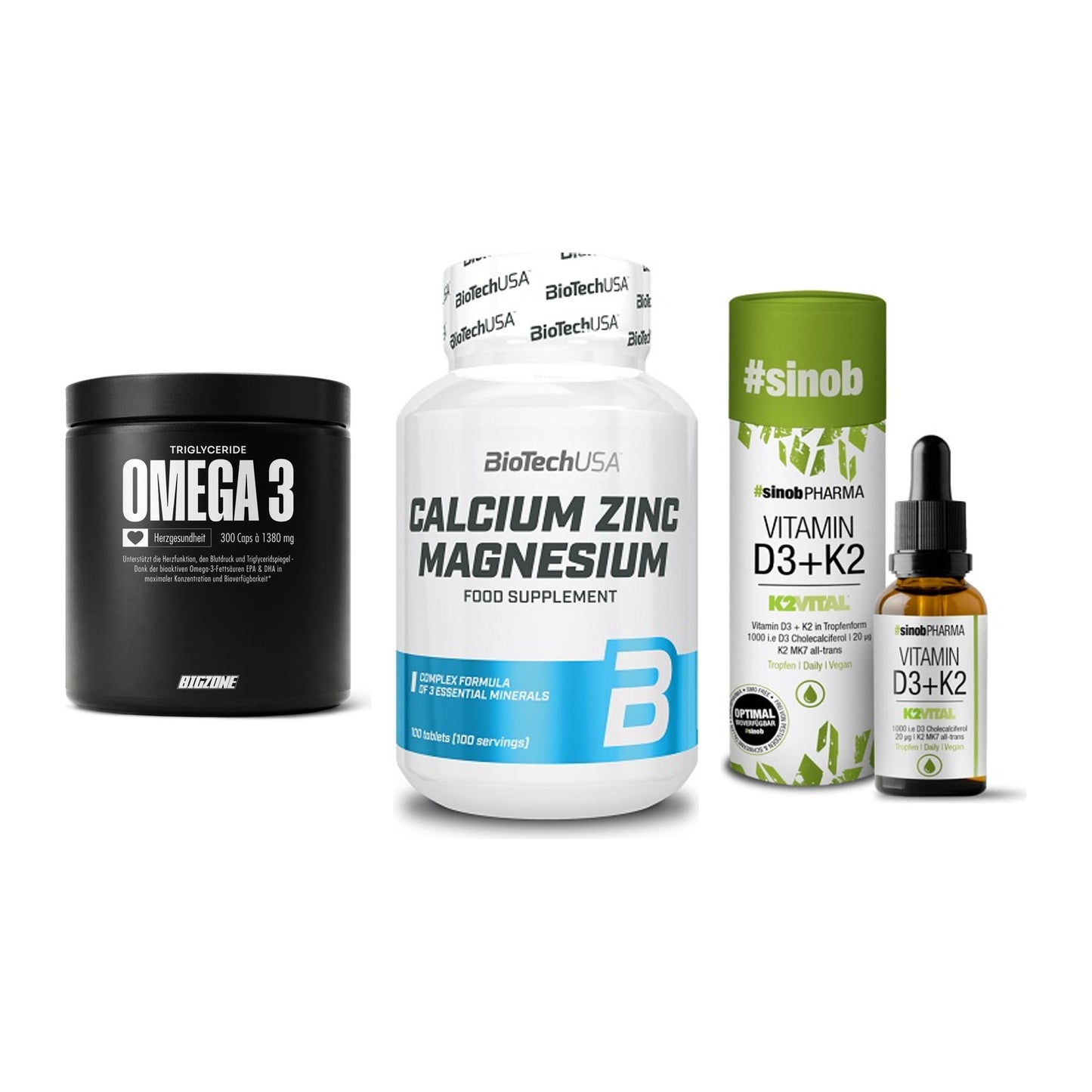 Herz & Gefäße: Big Zone Omega 3 + BioTech Calcium + Sinob Vitamin D3 – alle enthaltenen Artikel
