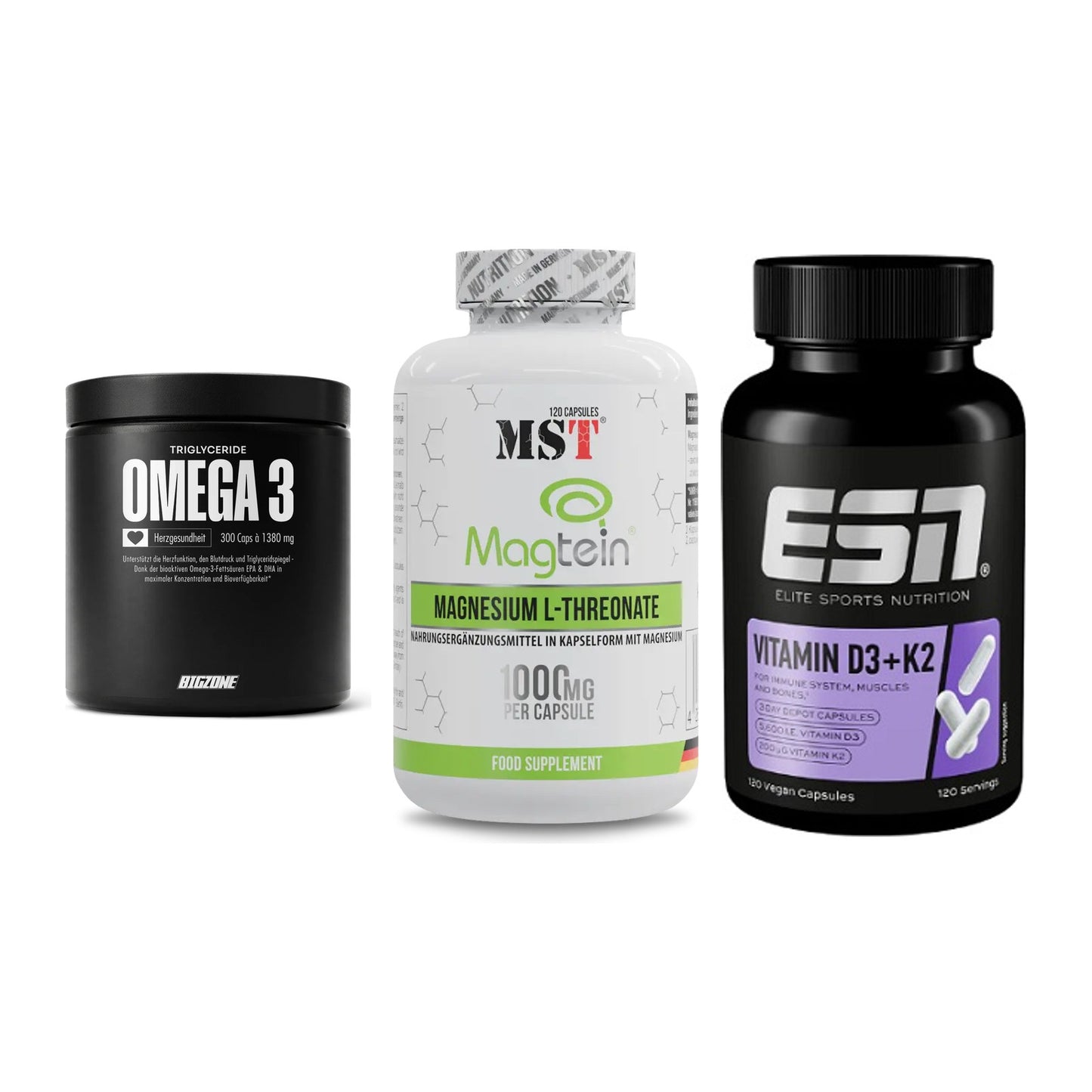 Herz & Gefäße: Big Zone Omega 3 + MST Magnesium + ESN Vitamin D3 – alle enthaltenen Artikel