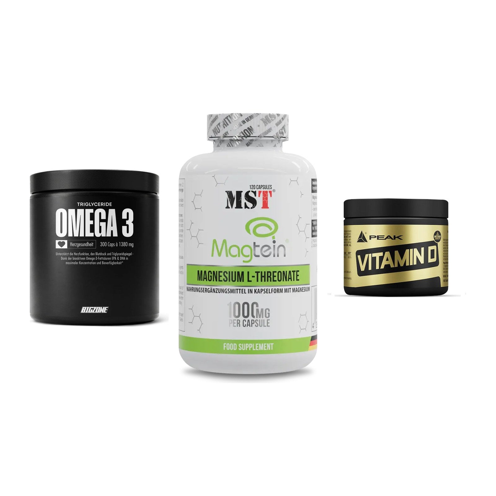 Herz & Gefäße: Big Zone Omega 3 + MST Magnesium + Peak Vitamin D – alle enthaltenen Artikel