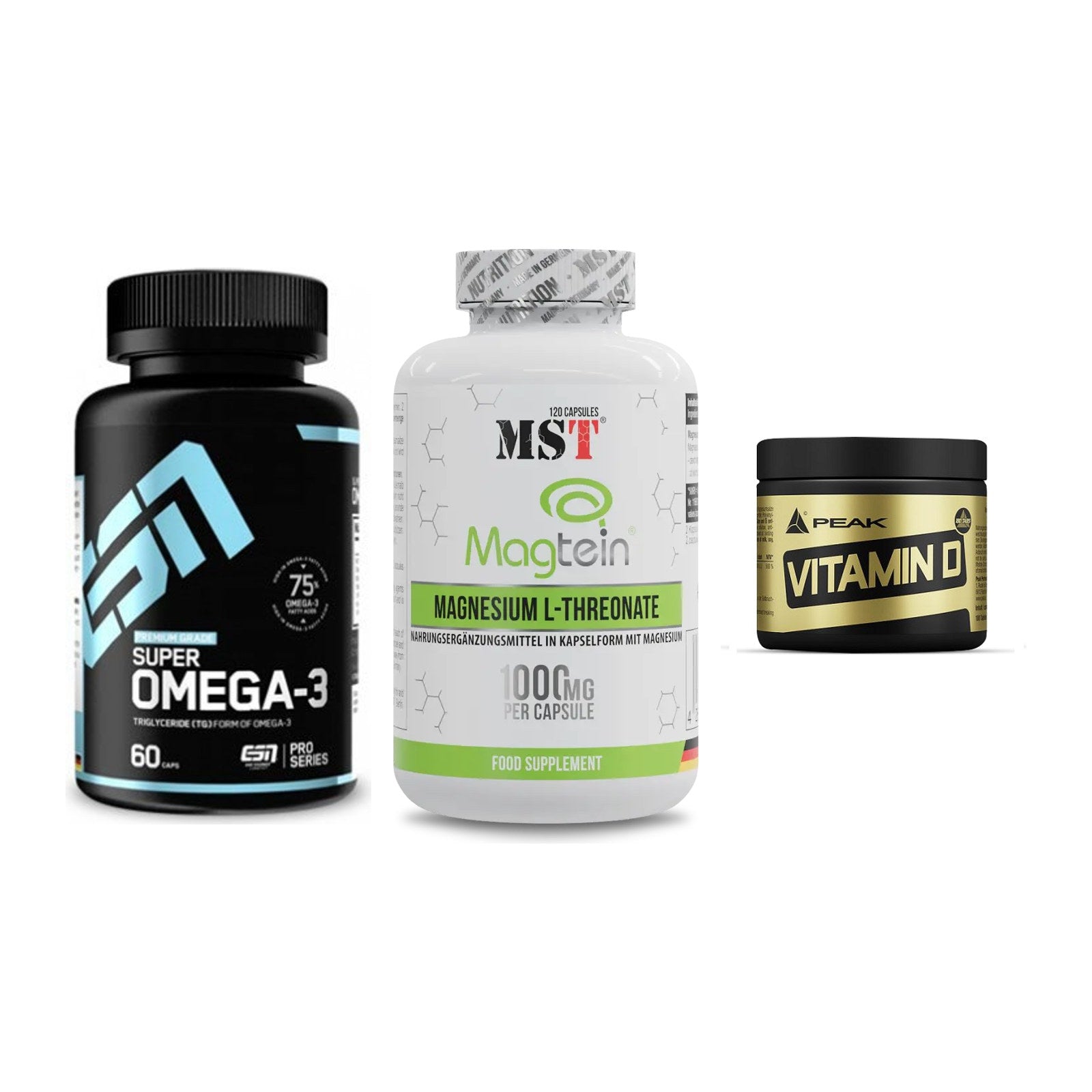 Herz & Gefäße: ESN Omega 3 + MST Magnesium + Peak Vitamin D – alle enthaltenen Artikel