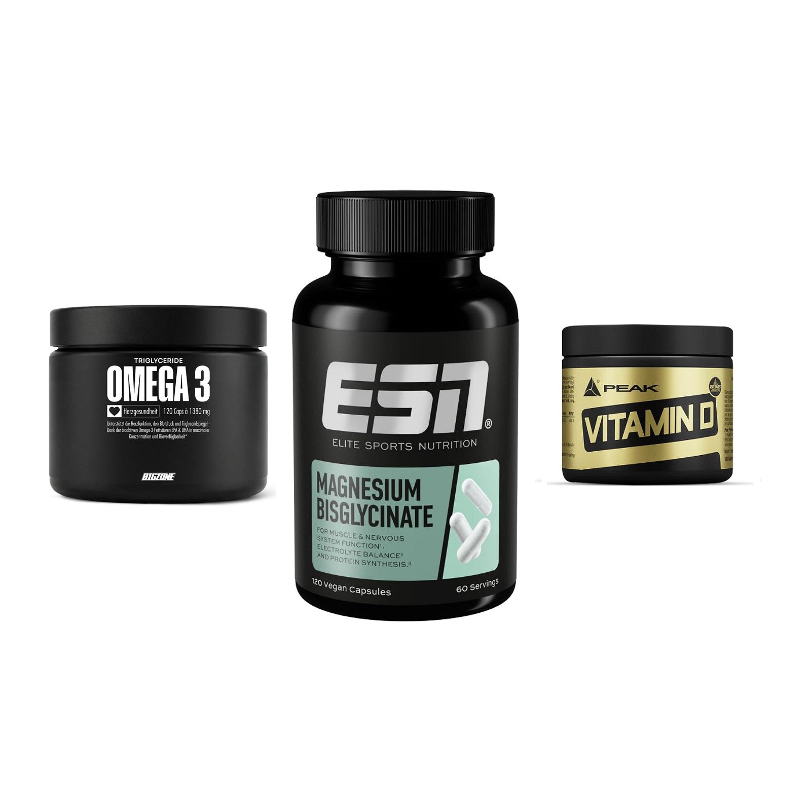 Herz & Gefäße: Big Zone Omega 3 + ESN Magnesium + Peak Vitamin D – alle enthaltenen Artikel