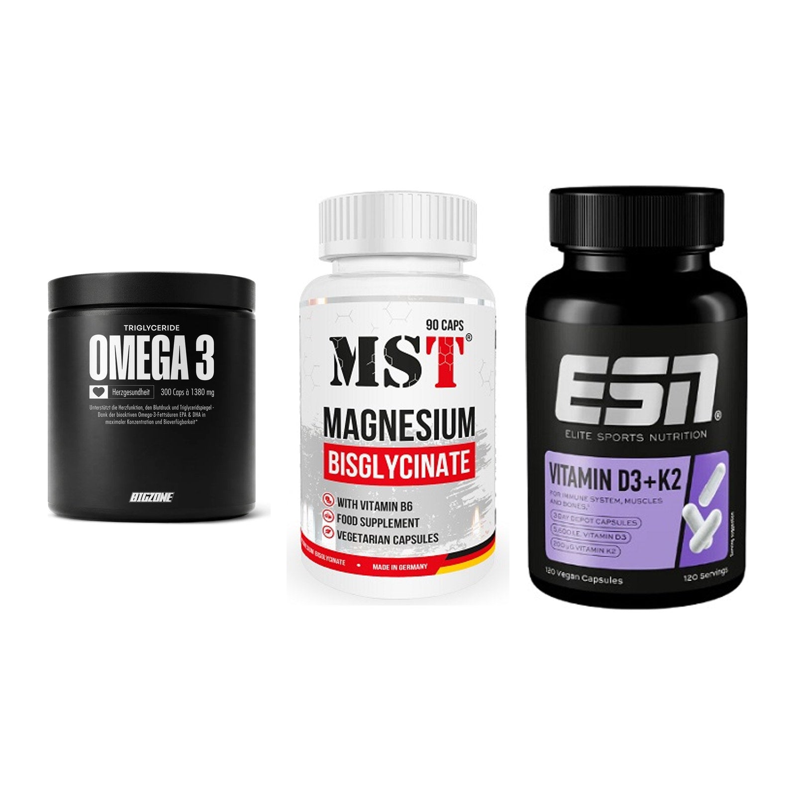 Herz & Gefäße: Big Zone Omega 3 + MST Magnesium + ESN Vitamin D3 – alle enthaltenen Artikel