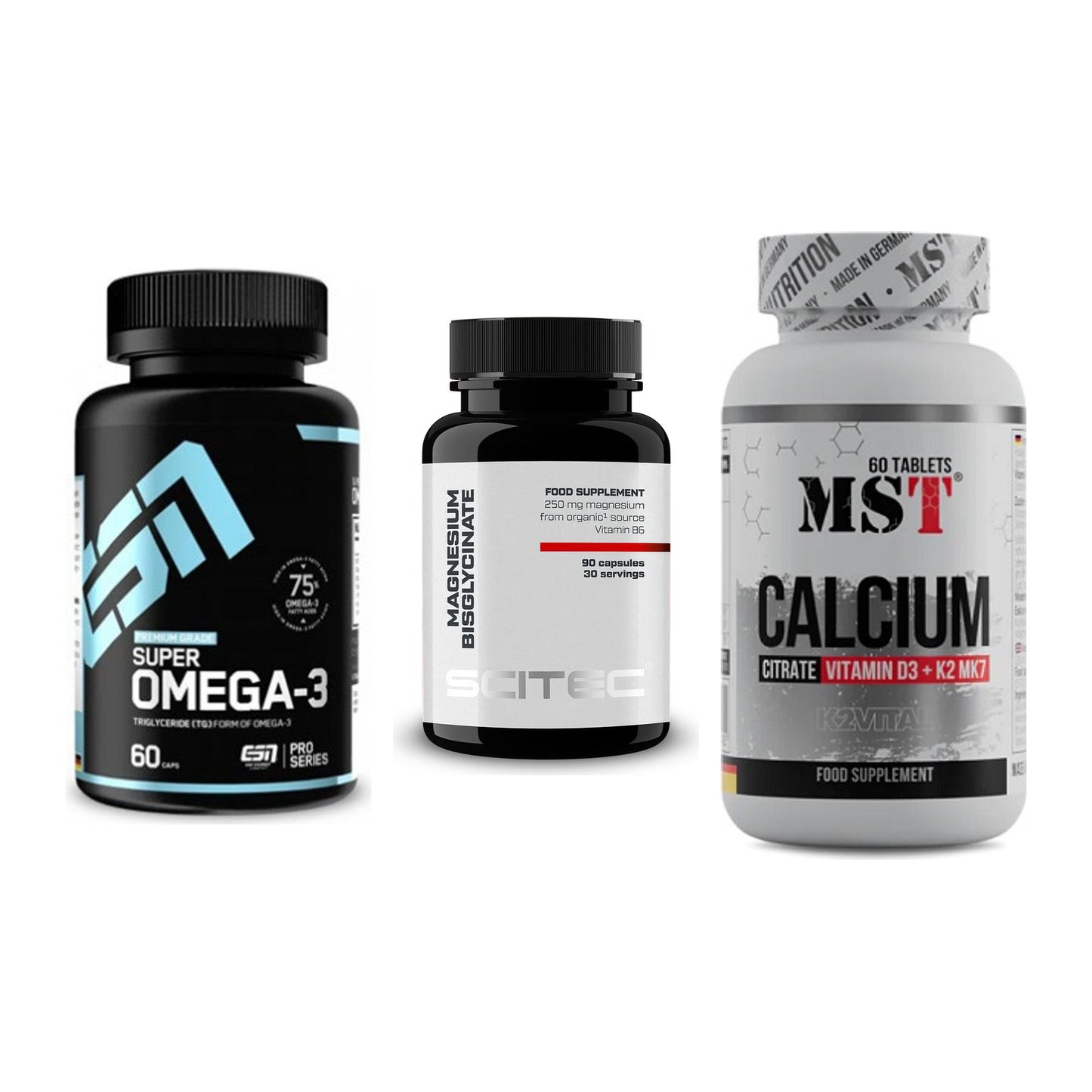 Herz & Gefäße: ESN Omega 3 + Scitec Magnesium + MST Calcium – alle enthaltenen Artikel