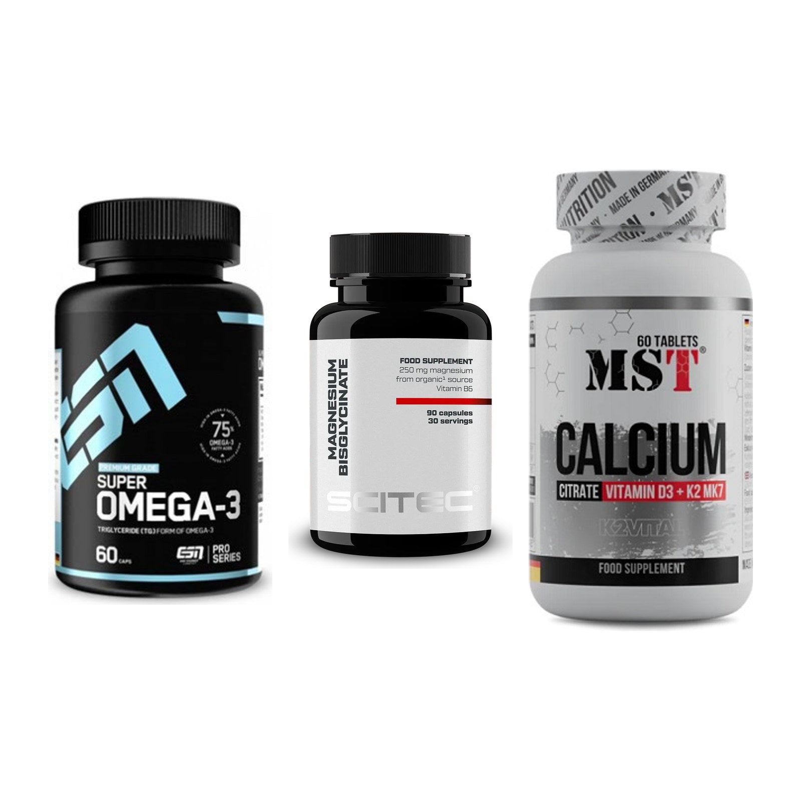 Herz & Gefäße: ESN Omega 3 + Scitec Magnesium + MST Calcium – alle enthaltenen Artikel