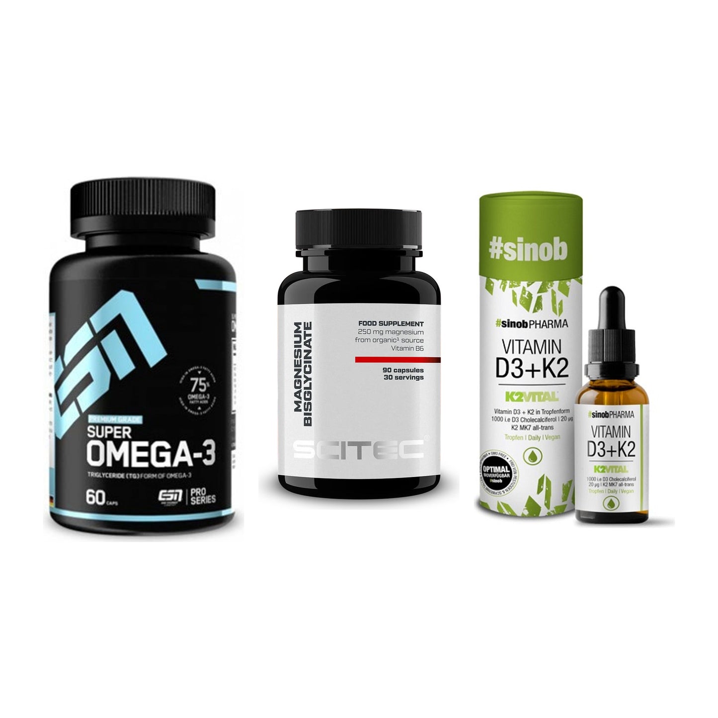 Herz & Gefäße: ESN Omega 3 + Scitec Magnesium + Sinob Vitamin D3 – alle enthaltenen Artikel