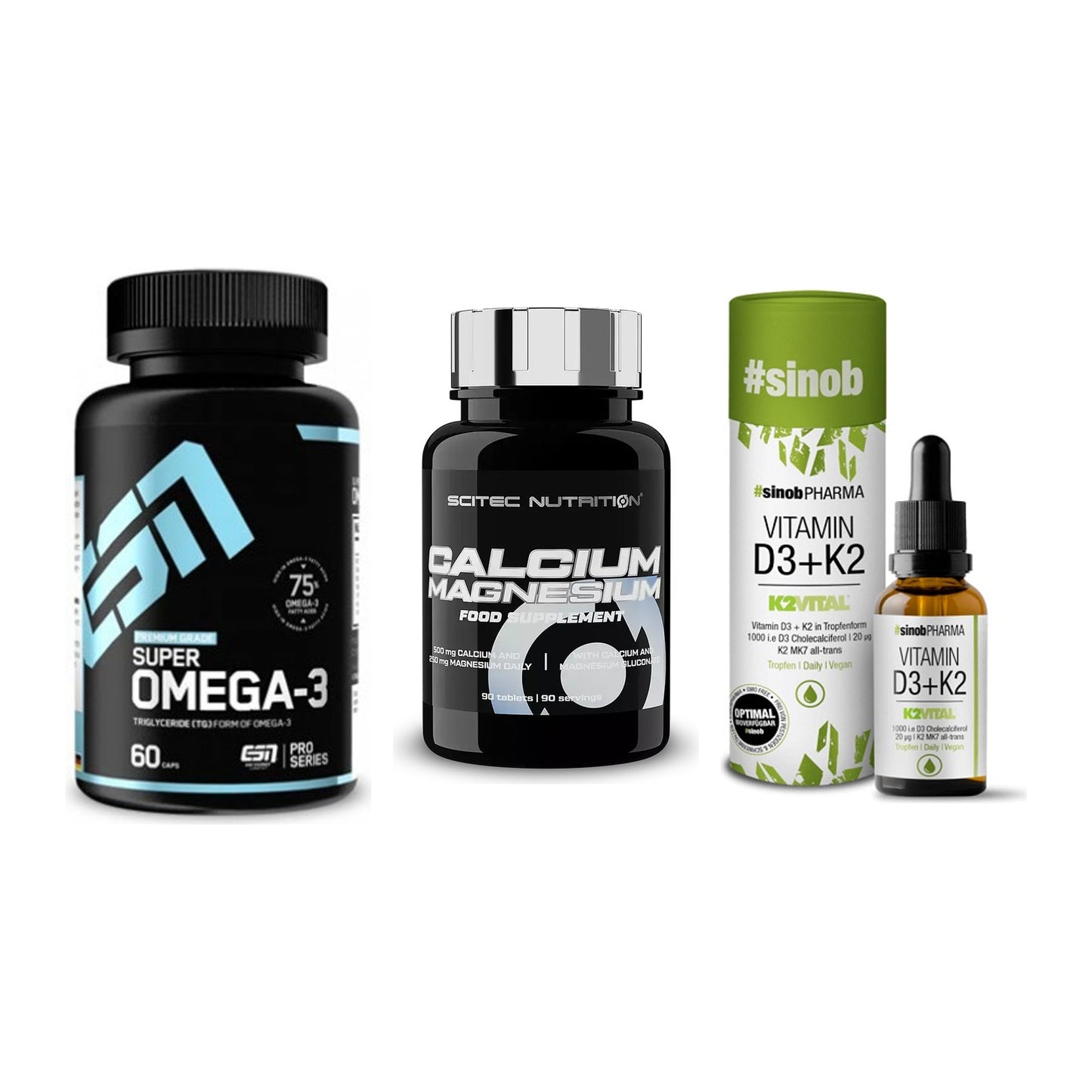 Herz & Gefäße: ESN Omega 3 + Scitec Calcium + Sinob Vitamin D3 – alle enthaltenen Artikel