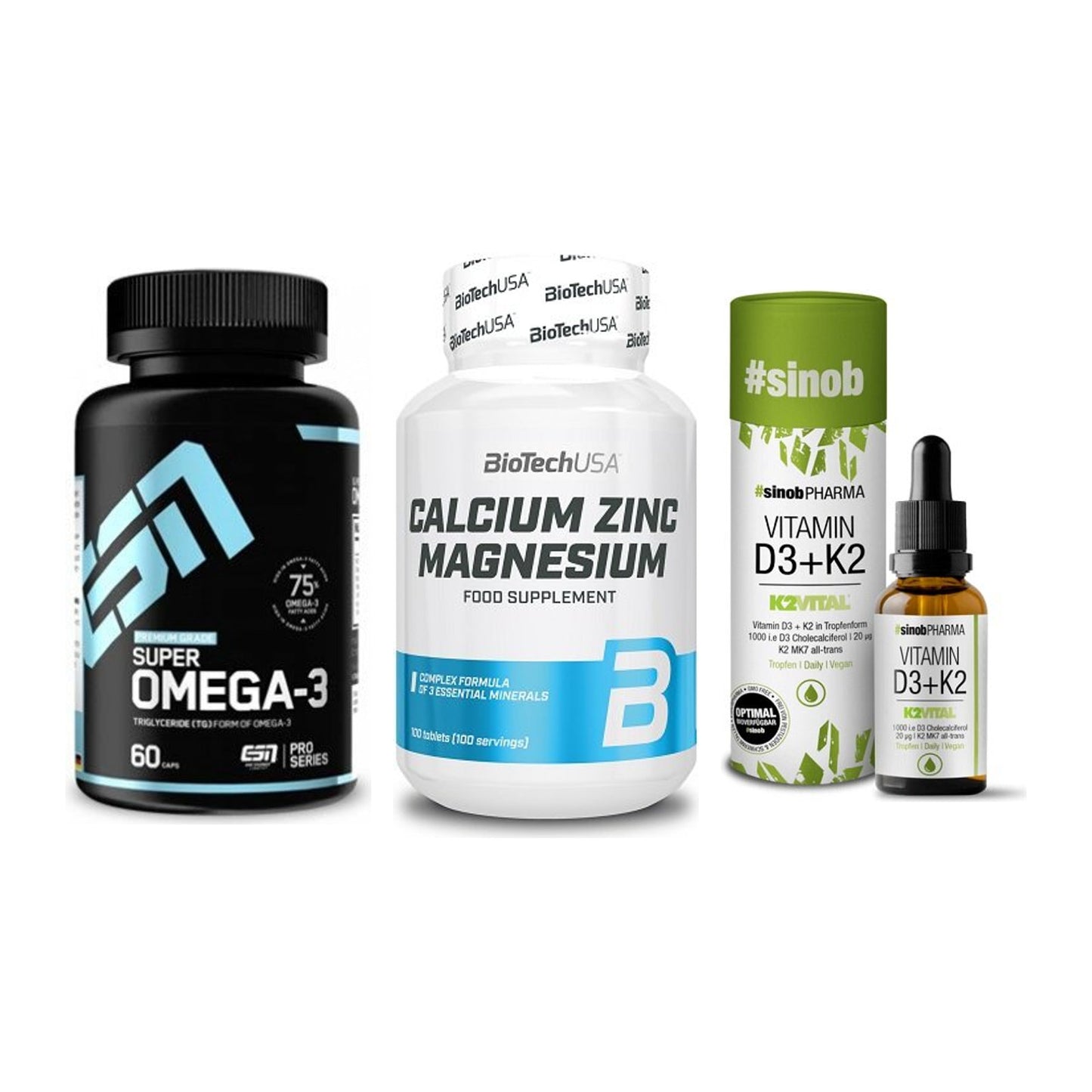 Herz & Gefäße: ESN Omega 3 + BioTech Calcium + Sinob Vitamin D3 – alle enthaltenen Artikel