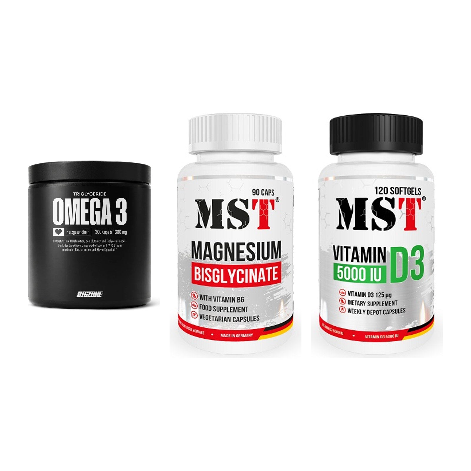 Herz & Gefäße: Big Zone Omega 3 + MST Magnesium + MST Vitamin D3 – alle enthaltenen Artikel
