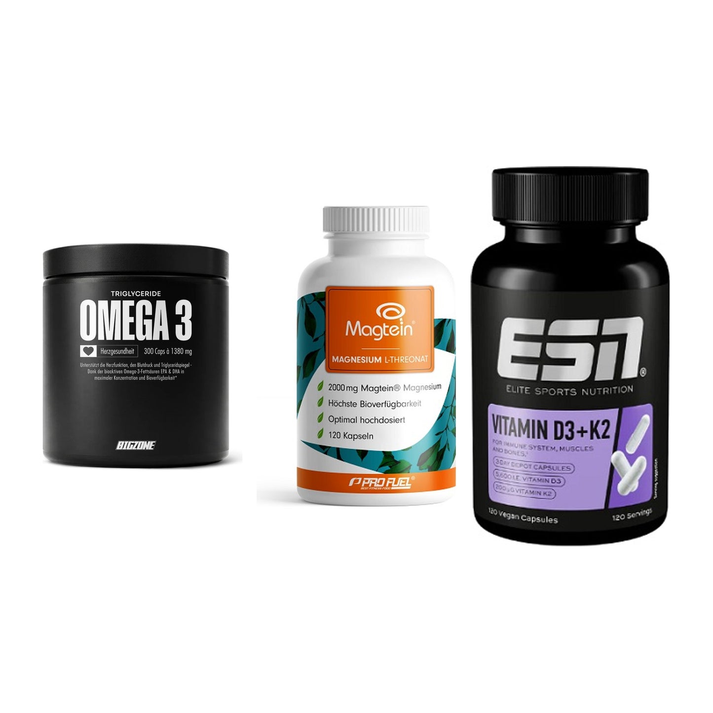 Herz & Gefäße: Big Zone Omega 3 + ProFuel Magnesiu + ESN Vitamin D3 – alle enthaltenen Artikel