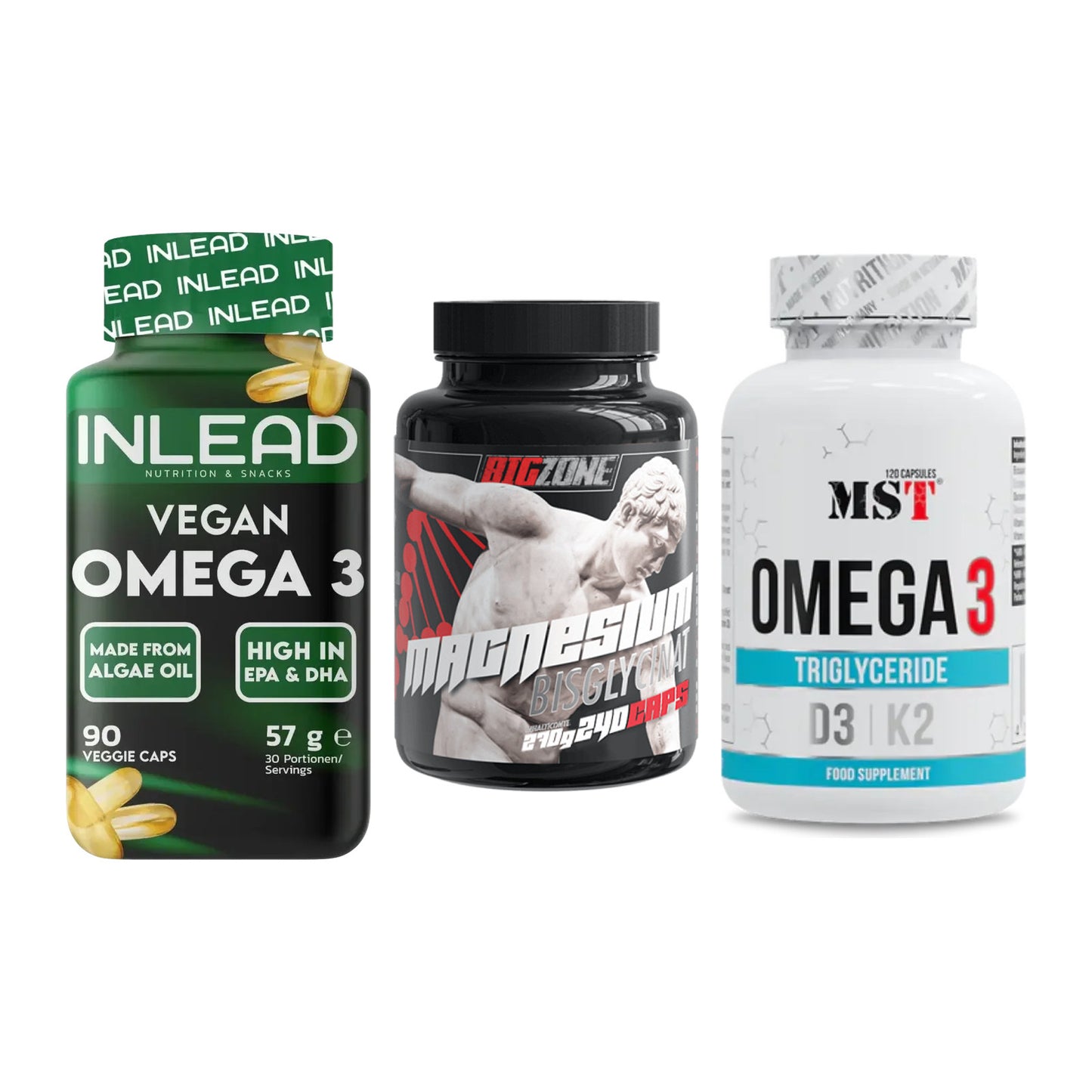 Herz & Gefäße: INLEAD Vegan + Big Zone Magnesi + MST Omega 3 500 – alle enthaltenen Artikel