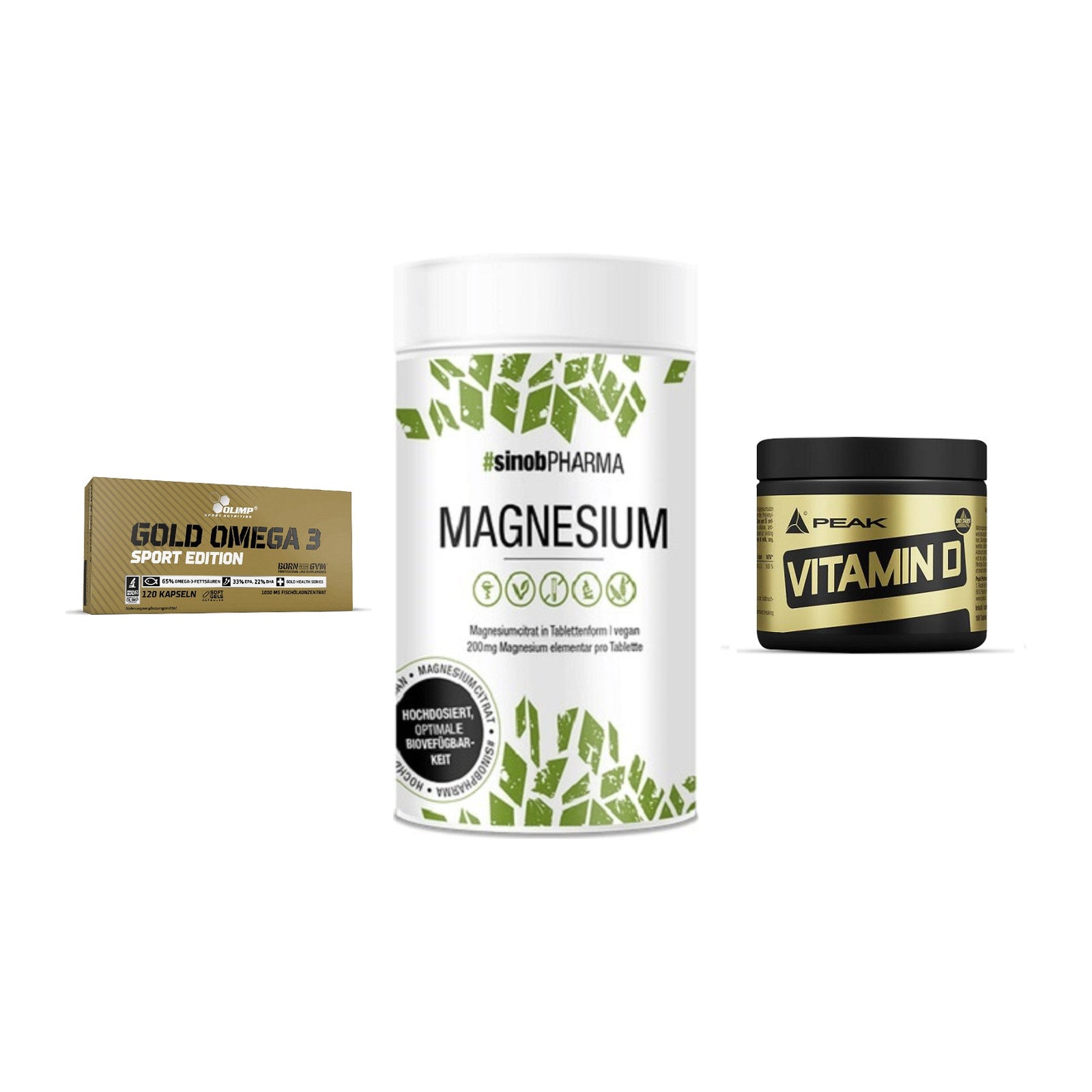 Herz & Gefäße: Olimp Omega 3 + Sinob Magnesium + Peak Vitamin D – alle enthaltenen Artikel