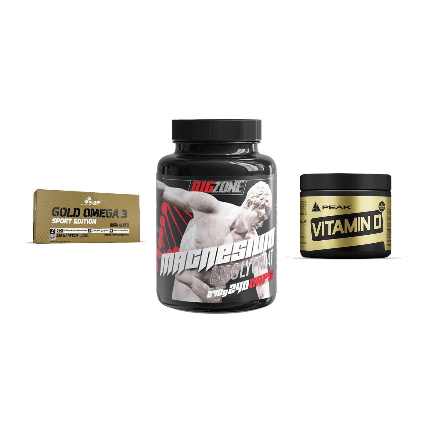 Herz & Gefäße: Olimp Omega 3 + Big Zone Magnesi + Peak Vitamin D – alle enthaltenen Artikel