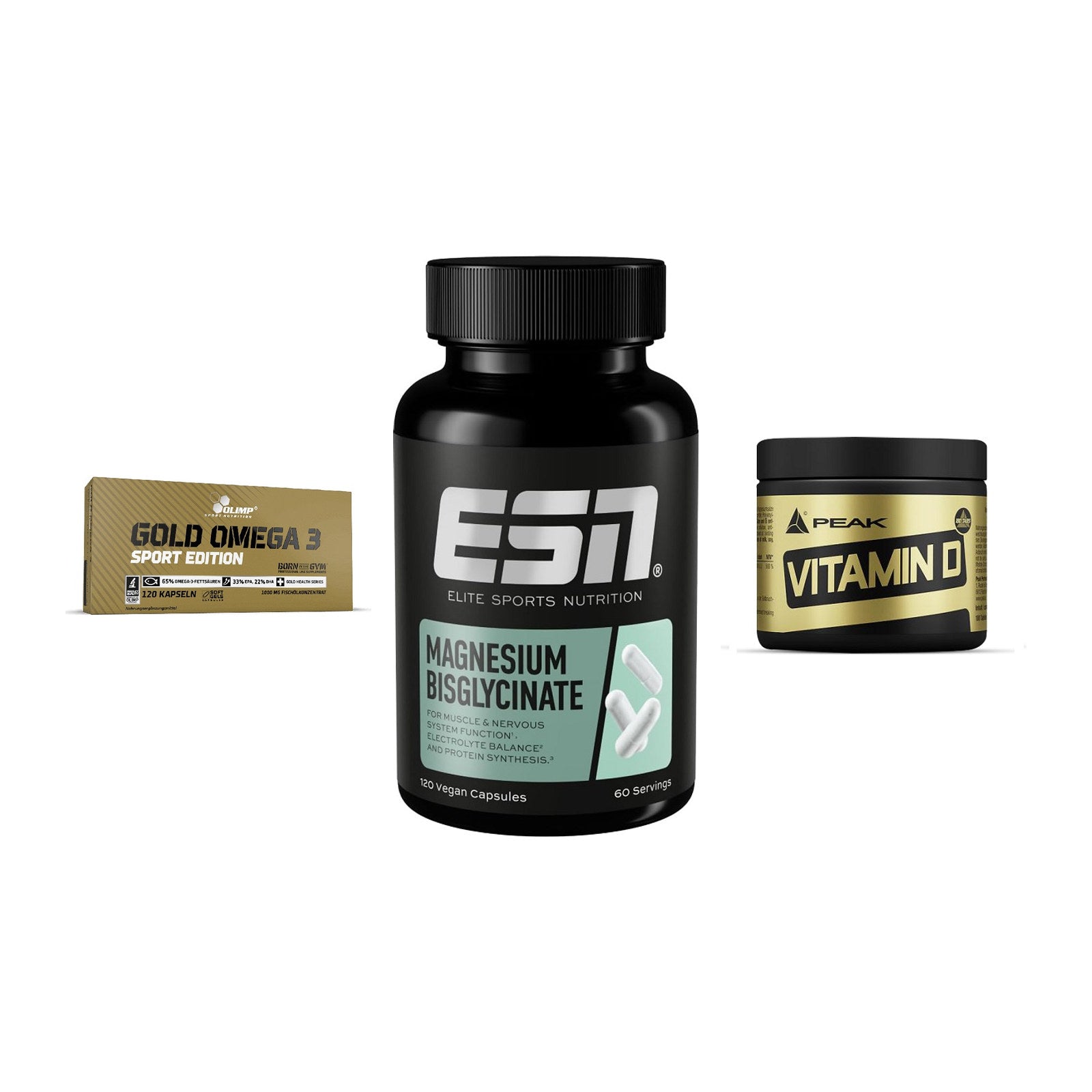 Herz & Gefäße: Olimp Omega 3 + ESN Magnesium + Peak Vitamin D – alle enthaltenen Artikel