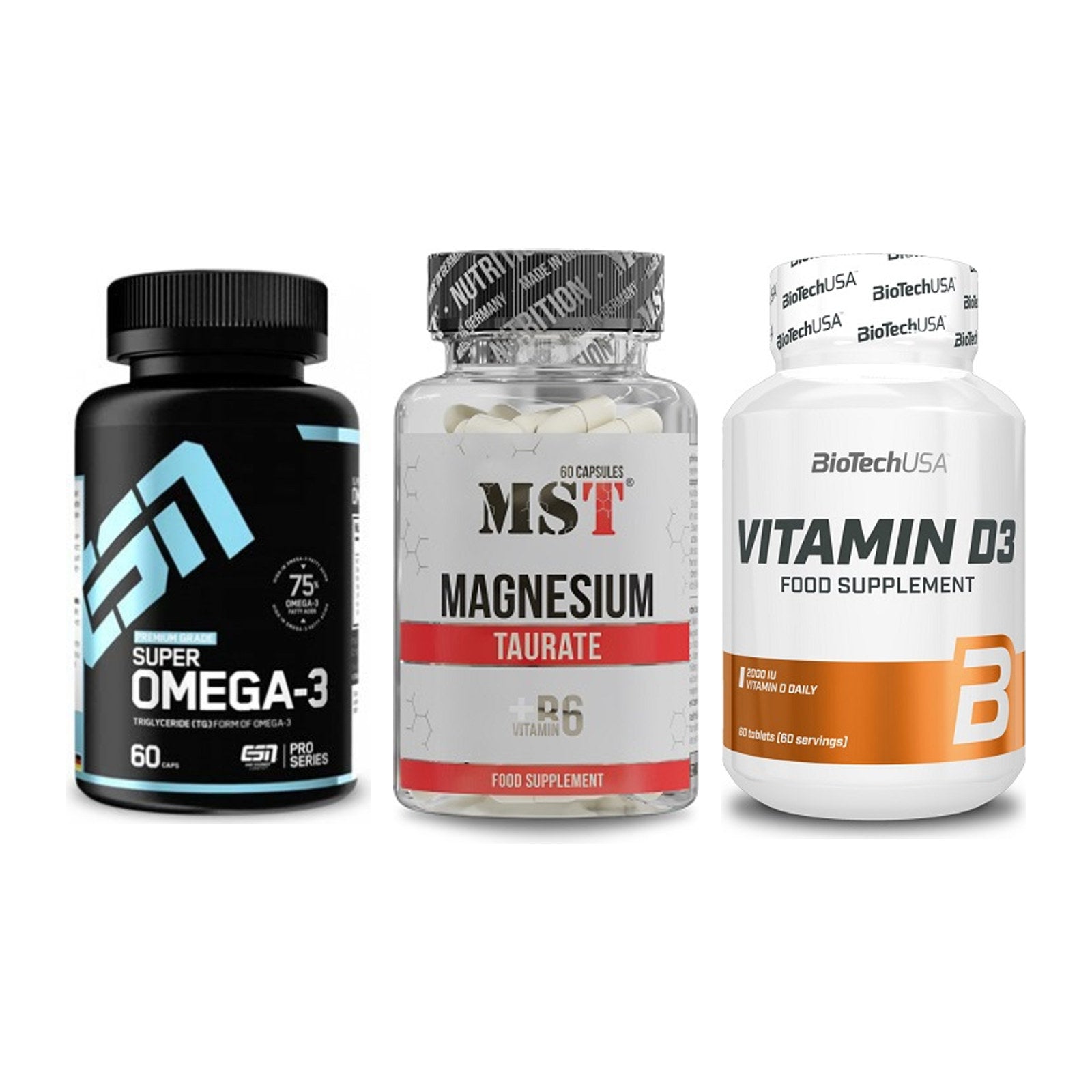 Herz & Gefäße: ESN Omega 3 + MST Magnesium Taurat + BioTech Vitamin D3 – alle enthaltenen Artikel