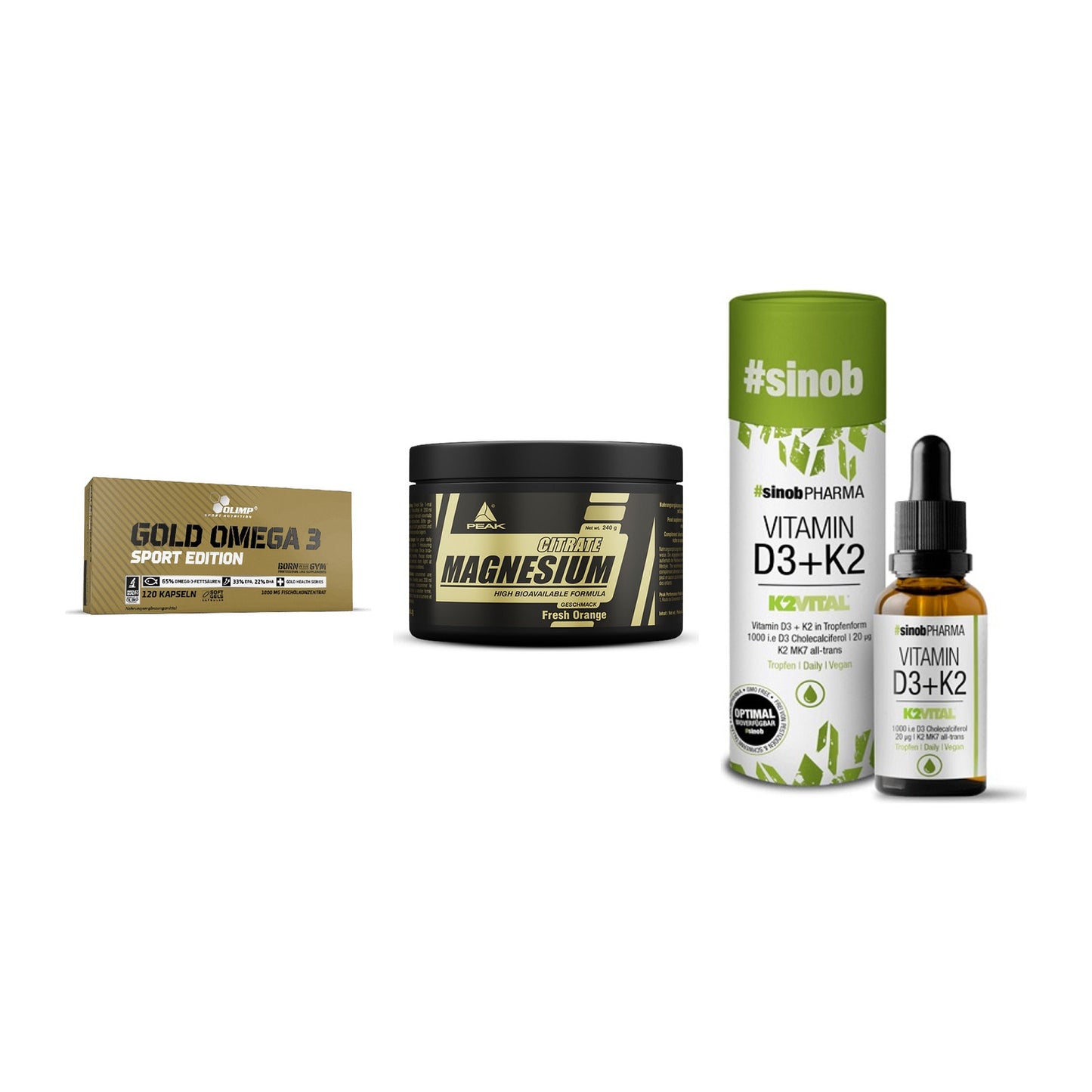 Herz & Gefäße: Olimp Omega 3 + Peak Magnesium + Sinob Vitamin D3 – alle enthaltenen Artikel
