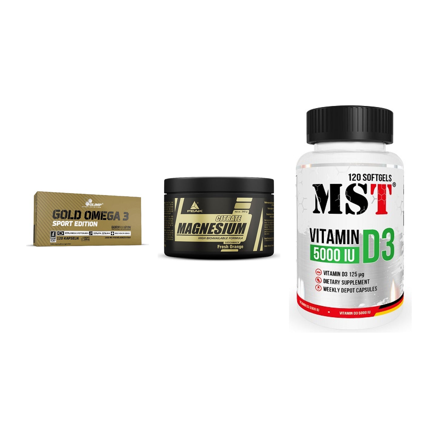 Herz & Gefäße: Olimp Omega 3 + Peak Magnesium + MST Vitamin D3 – alle enthaltenen Artikel