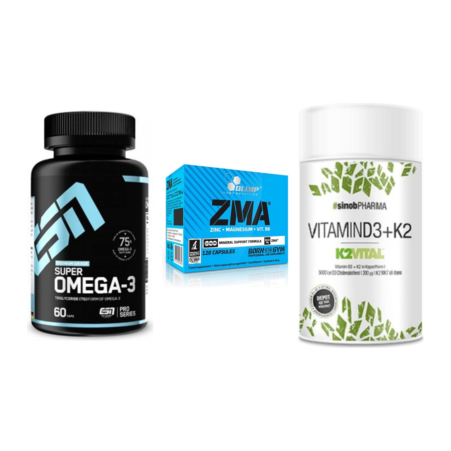 Herz & Gefäße: ESN Omega 3 + Olimp ZMA + Sinob Vitamin D3 + K2 – alle enthaltenen Artikel