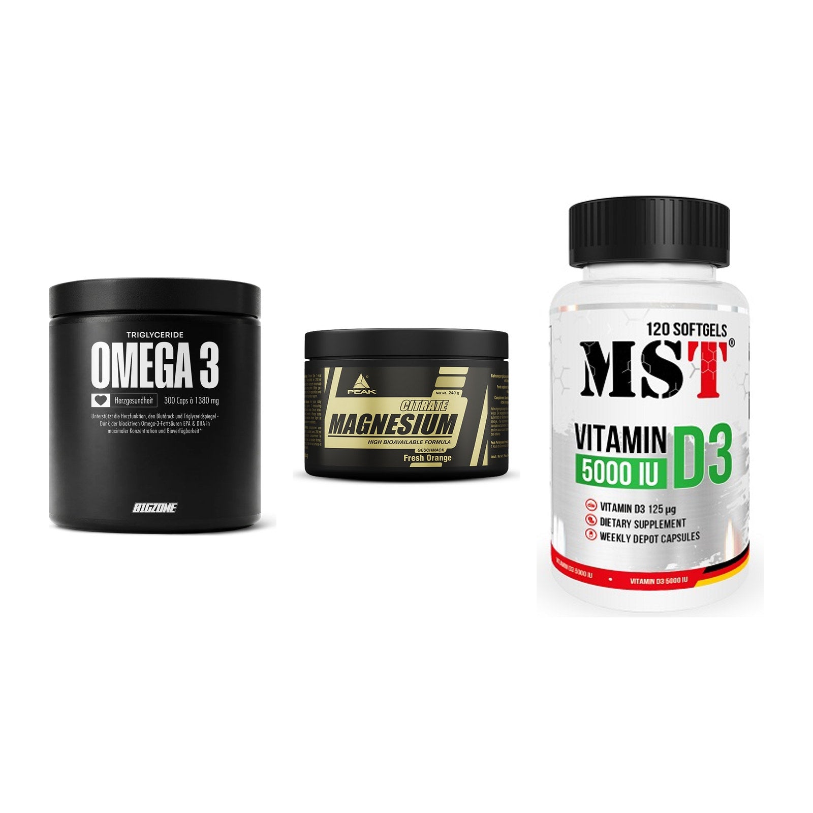 Herz & Gefäße: Big Zone Omega 3 + Peak Magnesium + MST Vitamin D3 – alle enthaltenen Artikel