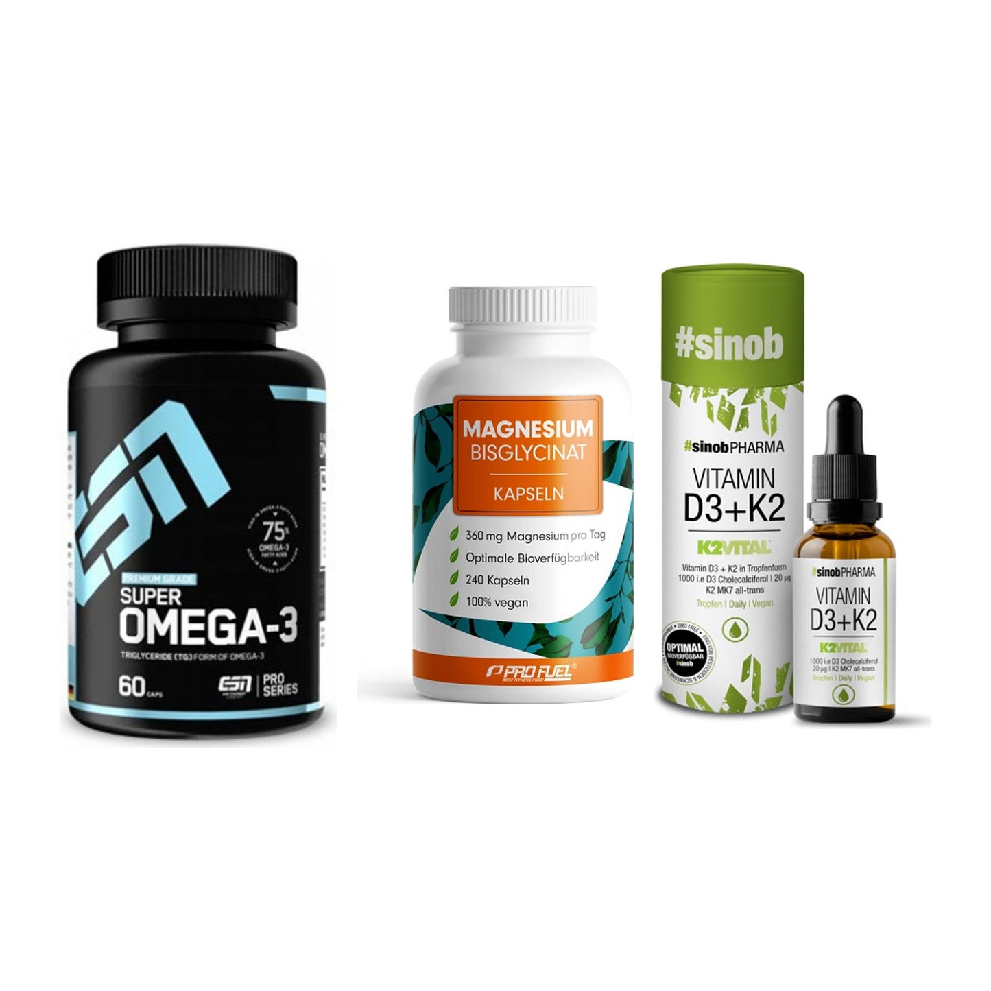 Herz & Gefäße: ESN Omega 3 + ProFuel Magnesiu + Sinob Vitamin D3 – alle enthaltenen Artikel