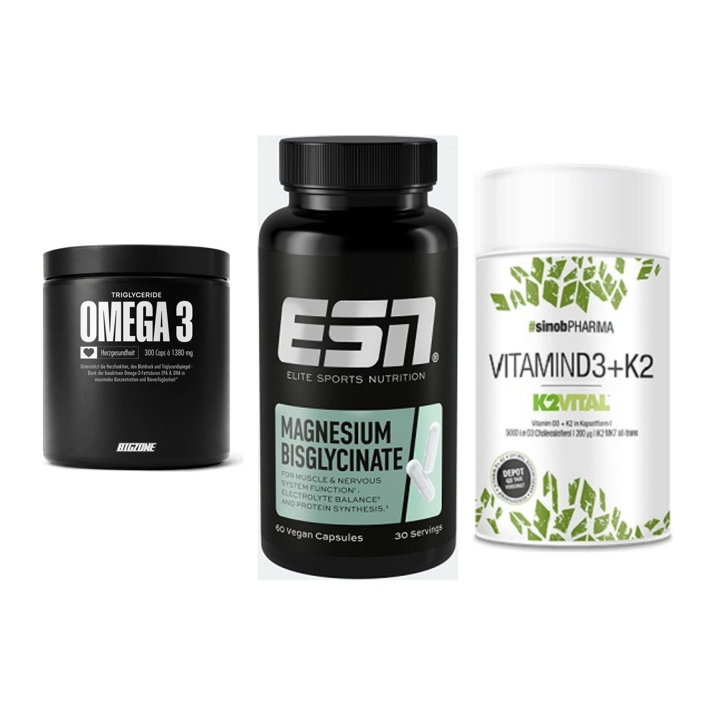 Herz & Gefäße: Big Zone Omega 3 + ESN Magnesium + Sinob Vitamin D3 – alle enthaltenen Artikel