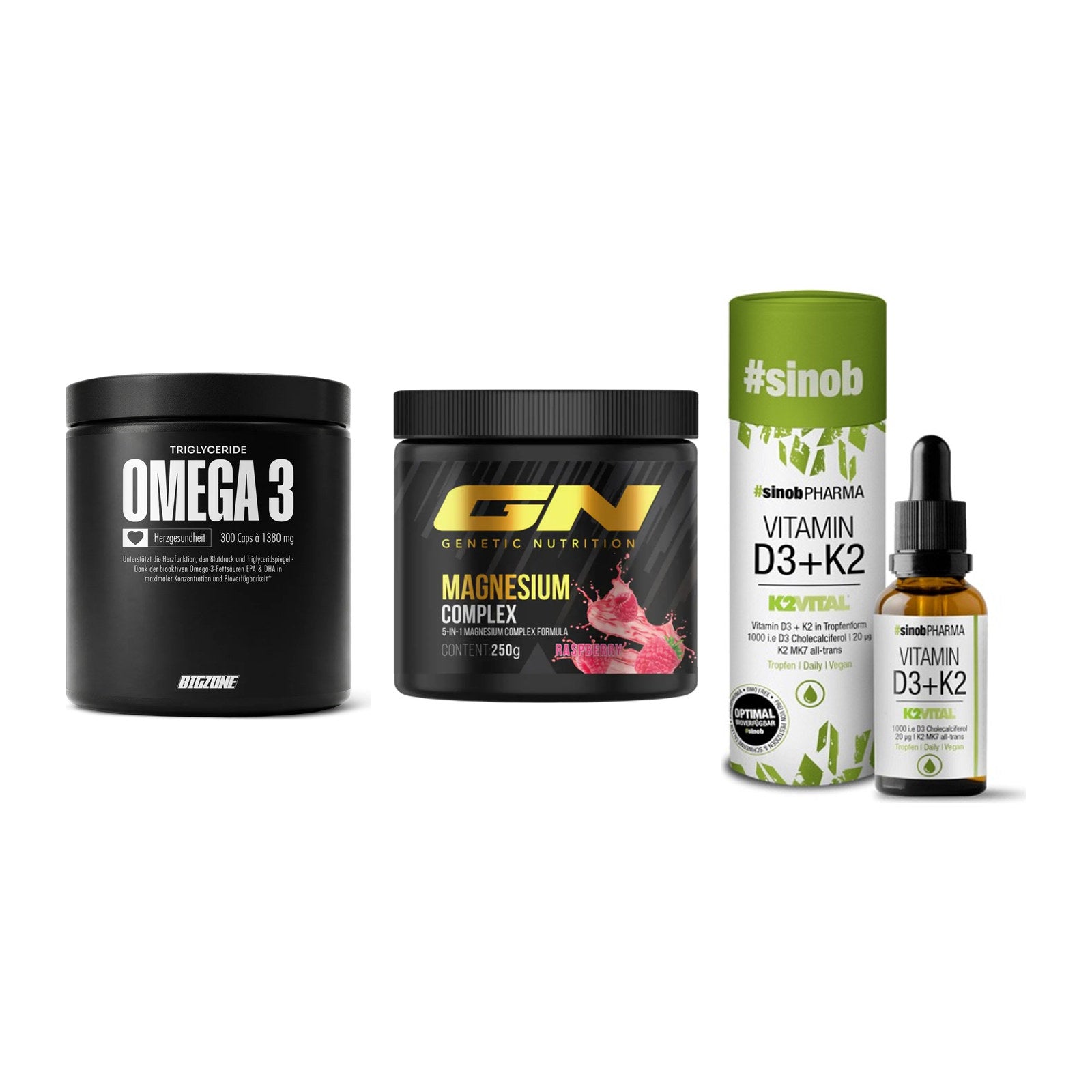 Herz & Gefäße: Big Zone Omega 3 + GN Magnesium + Sinob Vitamin D3 – alle enthaltenen Artikel