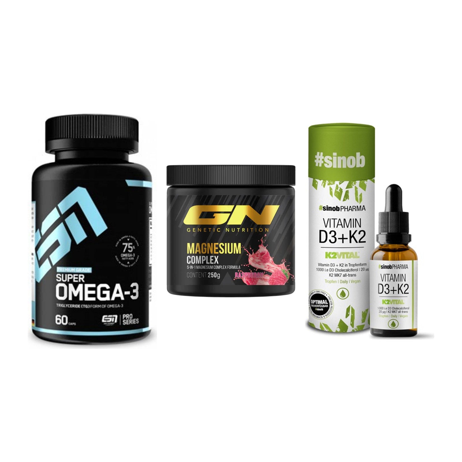 Herz & Gefäße: ESN Omega 3 + GN Magnesium + Sinob Vitamin D3 – alle enthaltenen Artikel