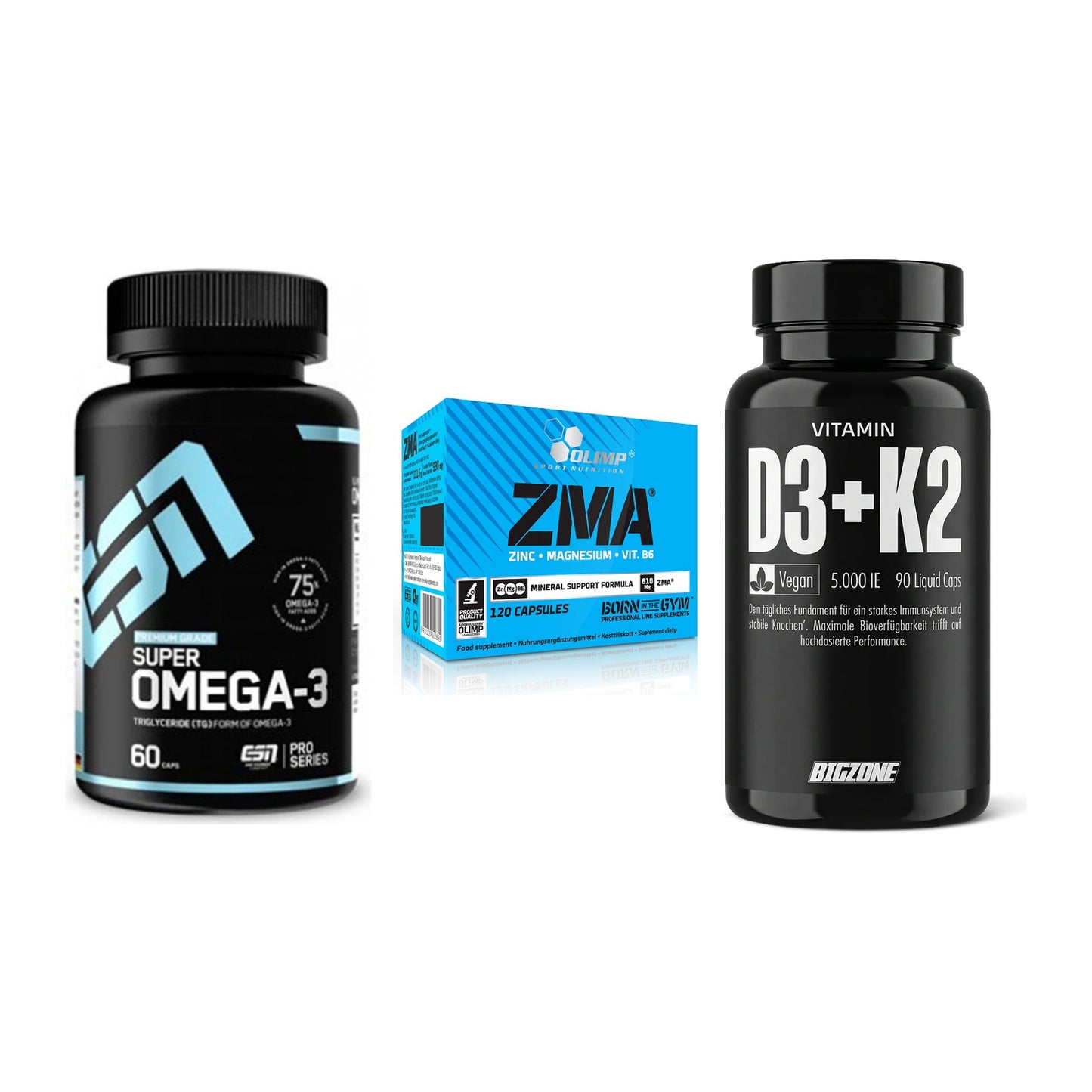 Herz & Gefäße: ESN Omega 3 + Olimp ZMA + Big Zone Vitamin D3 + K2 – alle enthaltenen Artikel