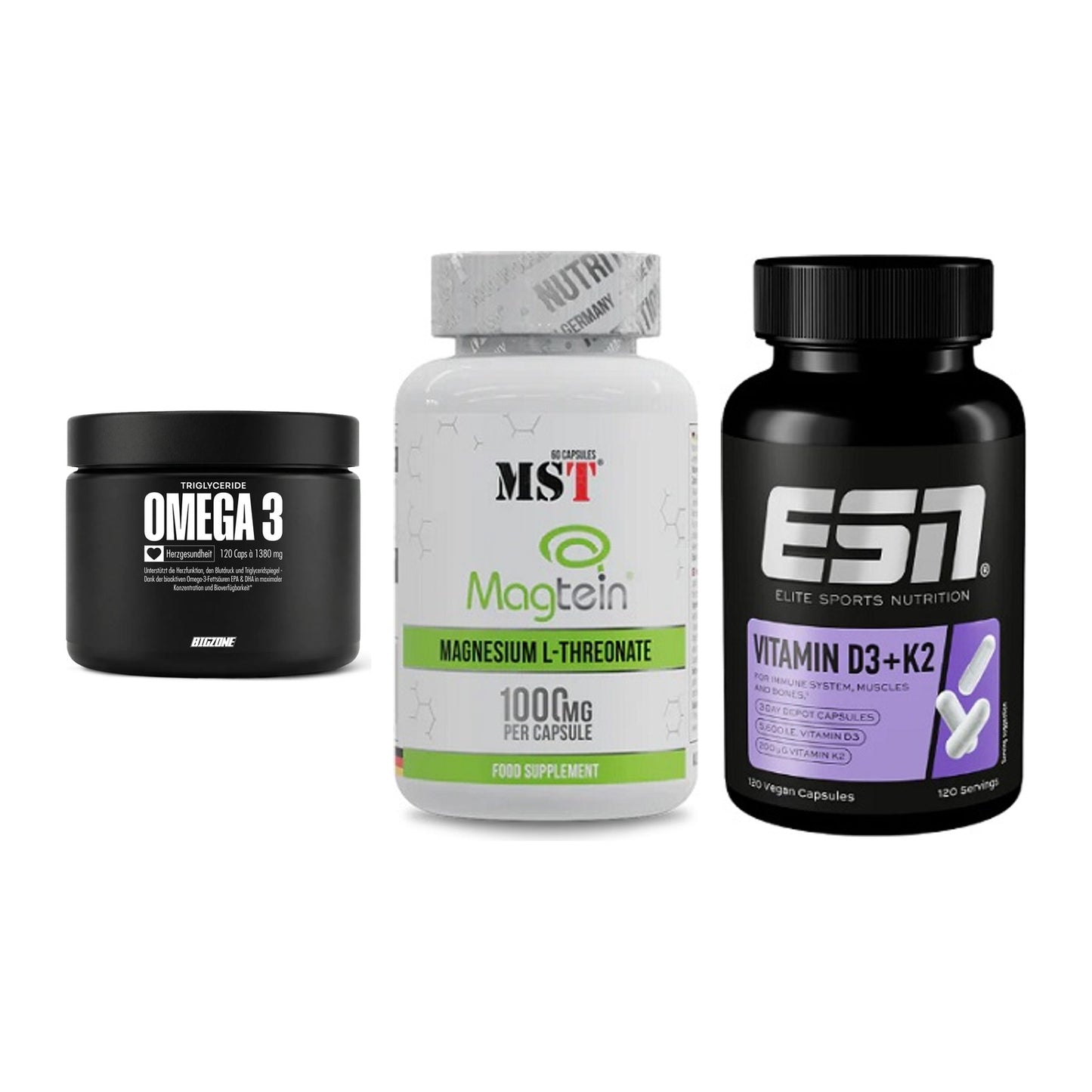 Herz & Gefäße: Big Zone Omega 3 + MST Magnesium + ESN Vitamin D3 – alle enthaltenen Artikel