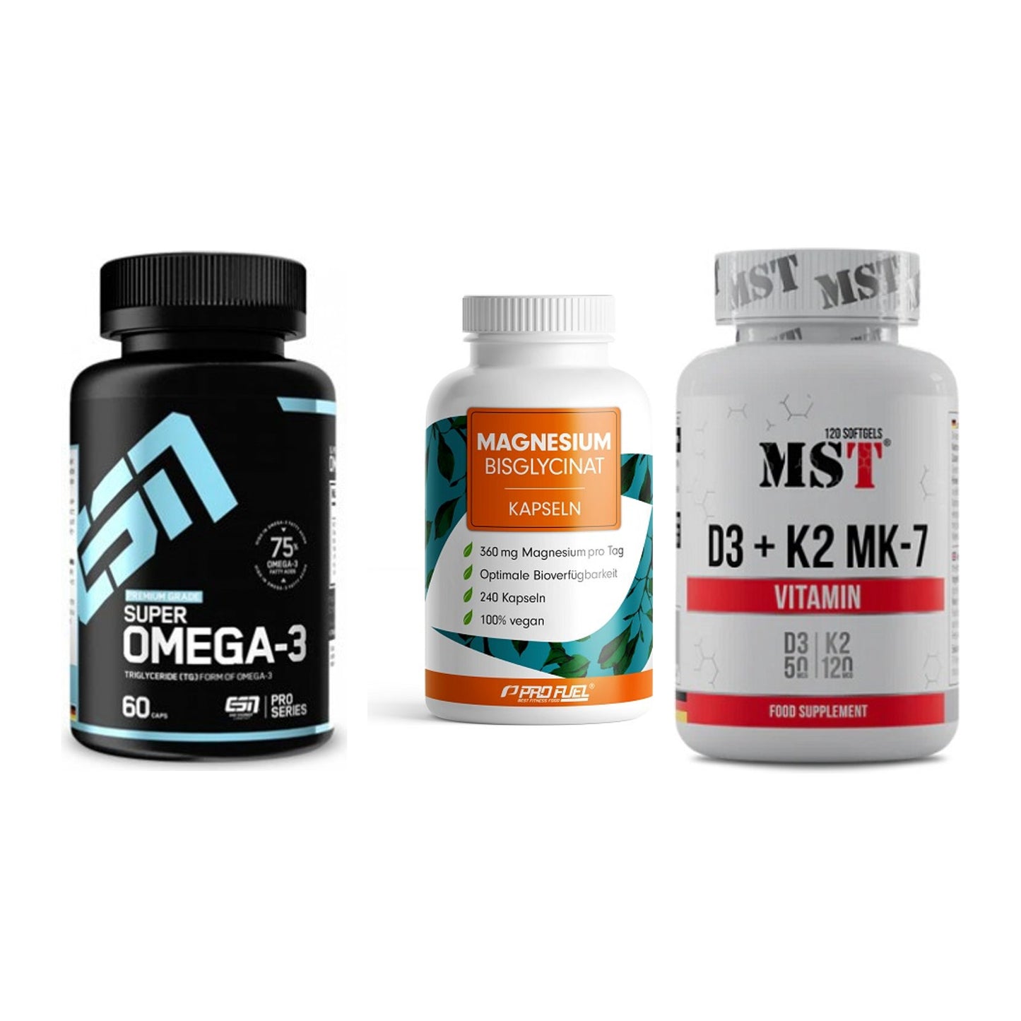 Herz & Gefäße: ESN Omega 3 + ProFuel Magnesiu + MST Vitamin D3 – alle enthaltenen Artikel