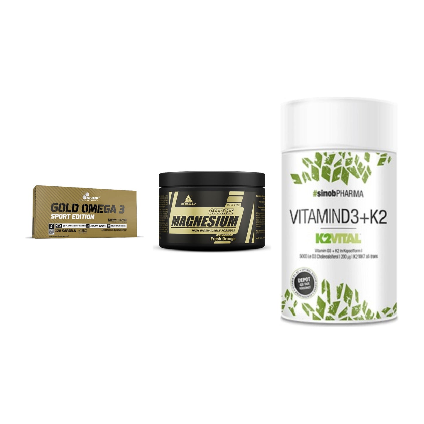 Herz & Gefäße: Olimp Omega 3 + Peak Magnesium + Sinob Vitamin D3 – alle enthaltenen Artikel