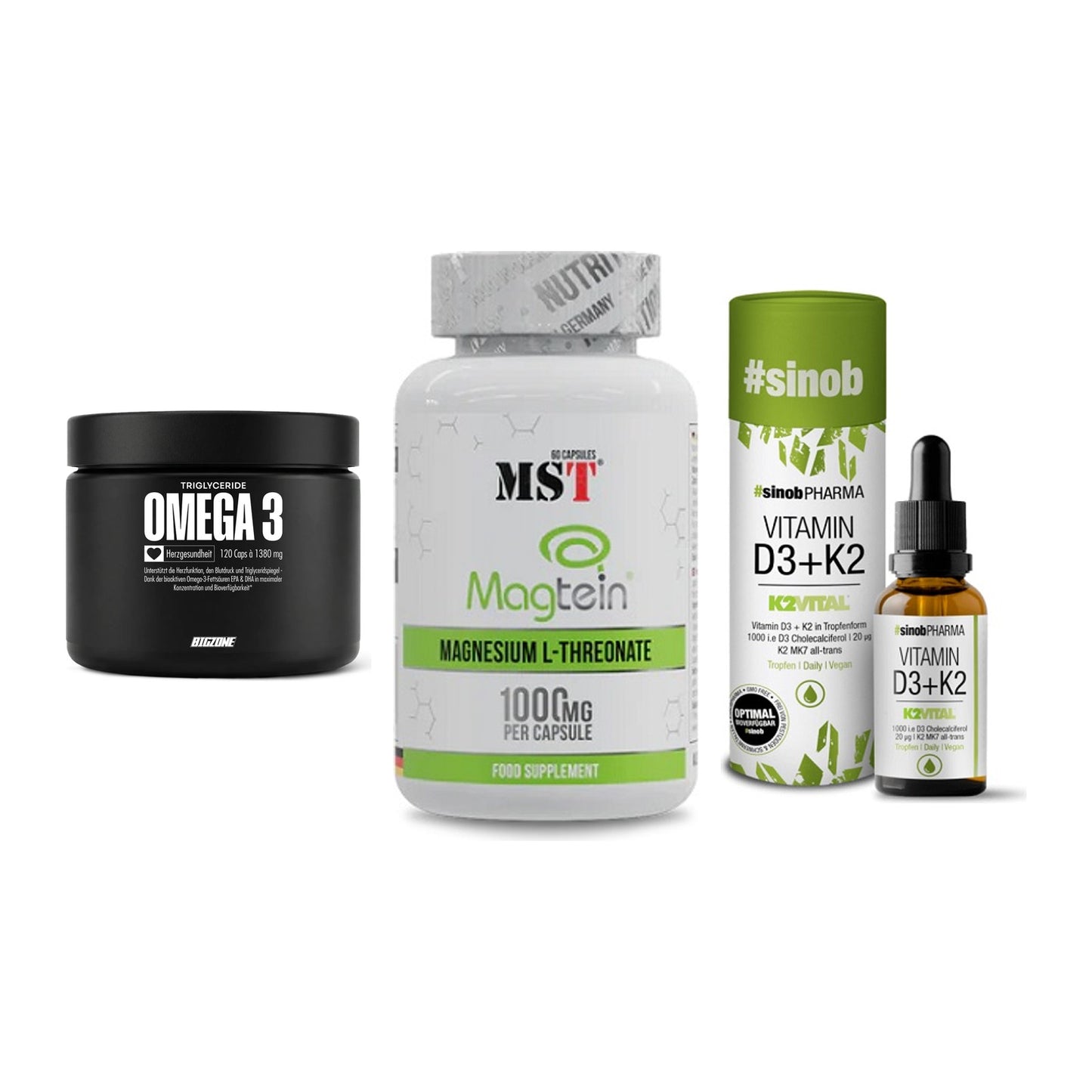 Herz & Gefäße: Big Zone Omega 3 + MST Magnesium + Sinob Vitamin D3 – alle enthaltenen Artikel