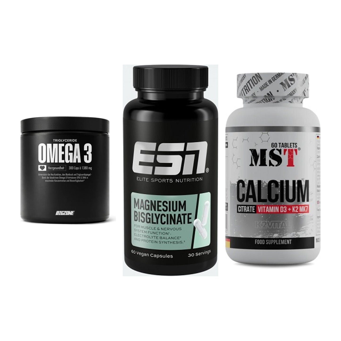 Herz & Gefäße: Big Zone Omega 3 + ESN Magnesium + MST Calcium – alle enthaltenen Artikel
