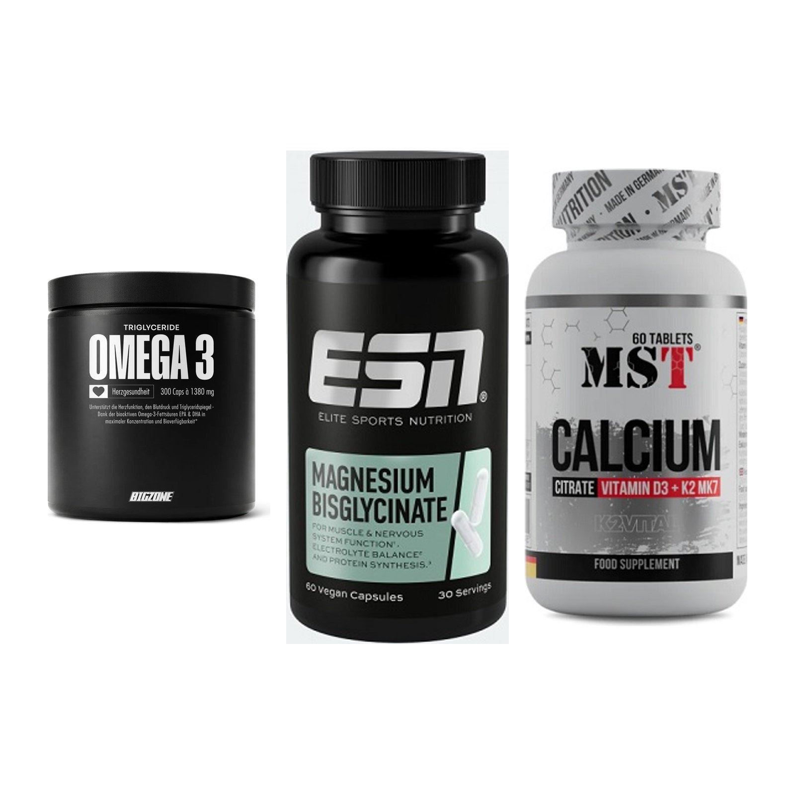 Herz & Gefäße: Big Zone Omega 3 + ESN Magnesium + MST Calcium – alle enthaltenen Artikel