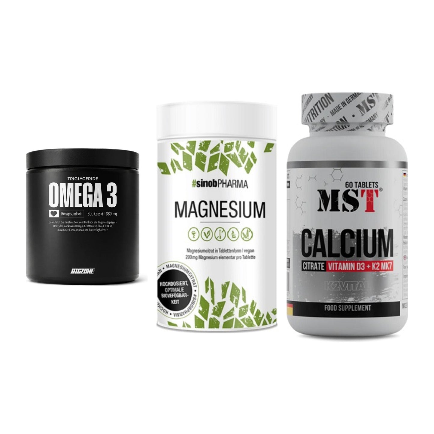 Herz & Gefäße: Big Zone Omega 3 + Sinob Magnesium + MST Calcium – alle enthaltenen Artikel