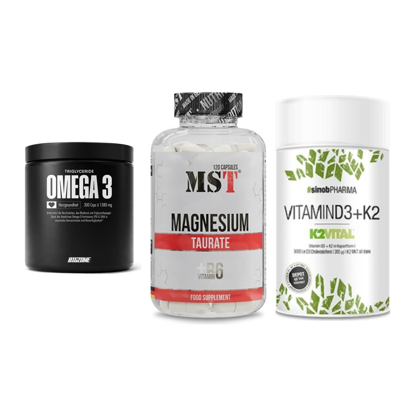 Herz & Gefäße: Big Zone Omega 3 + MST Magnesium + Sinob Vitamin D3 – alle enthaltenen Artikel