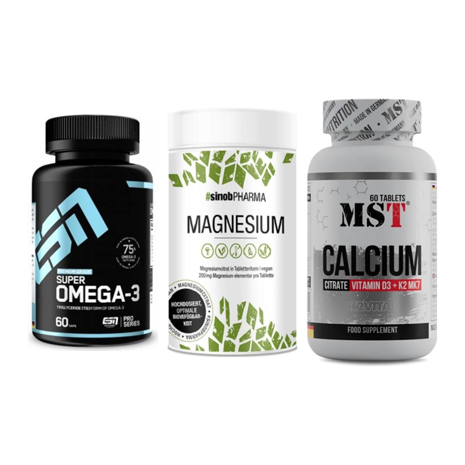 Herz & Gefäße: ESN Omega 3 + Sinob Magnesium + MST Calcium – alle enthaltenen Artikel