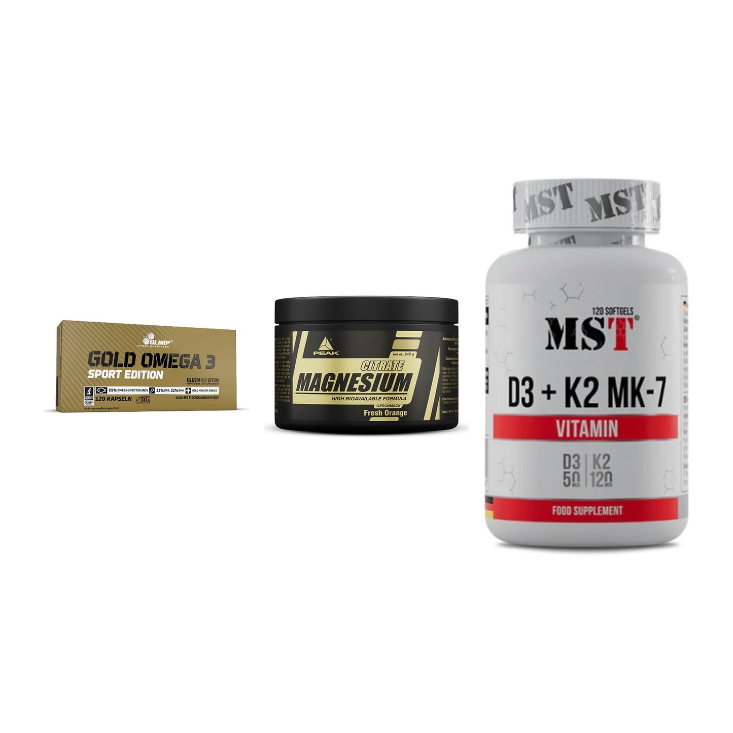Herz & Gefäße: Olimp Omega 3 + Peak Magnesium + MST Vitamin D3 – alle enthaltenen Artikel