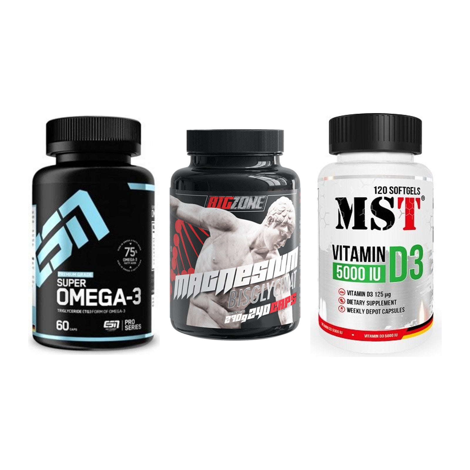 Herz & Gefäße: ESN Omega 3 + Big Zone Magnesi + MST Vitamin D3 – alle enthaltenen Artikel