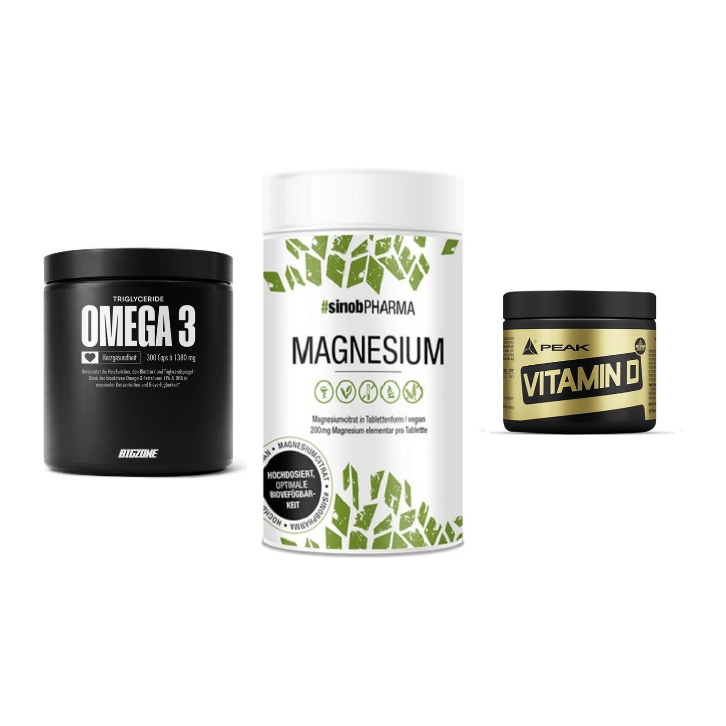 Herz & Gefäße: Big Zone Omega 3 + Sinob Magnesium + Peak Vitamin D – alle enthaltenen Artikel