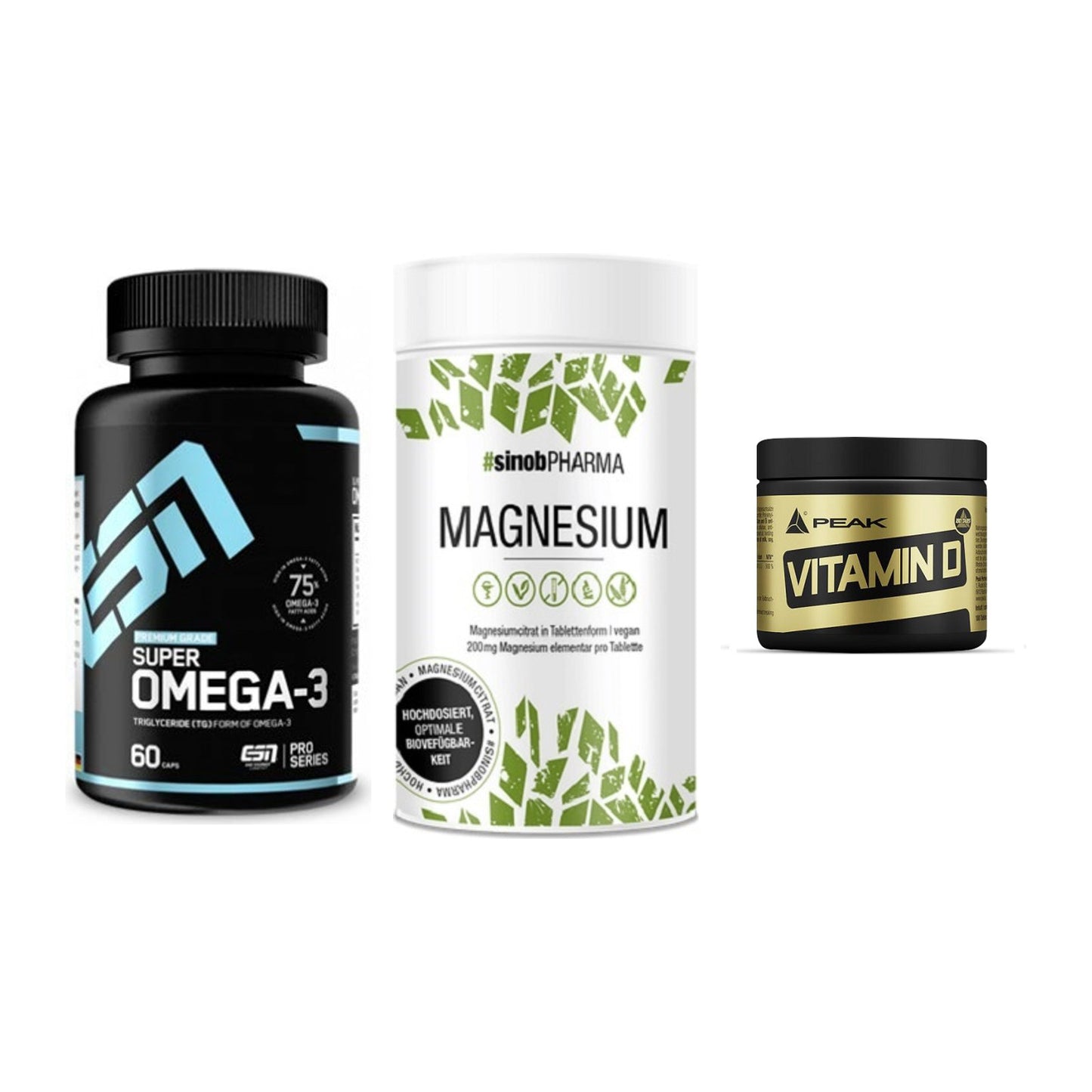 Herz & Gefäße: ESN Omega 3 + Sinob Magnesium + Peak Vitamin D – alle enthaltenen Artikel