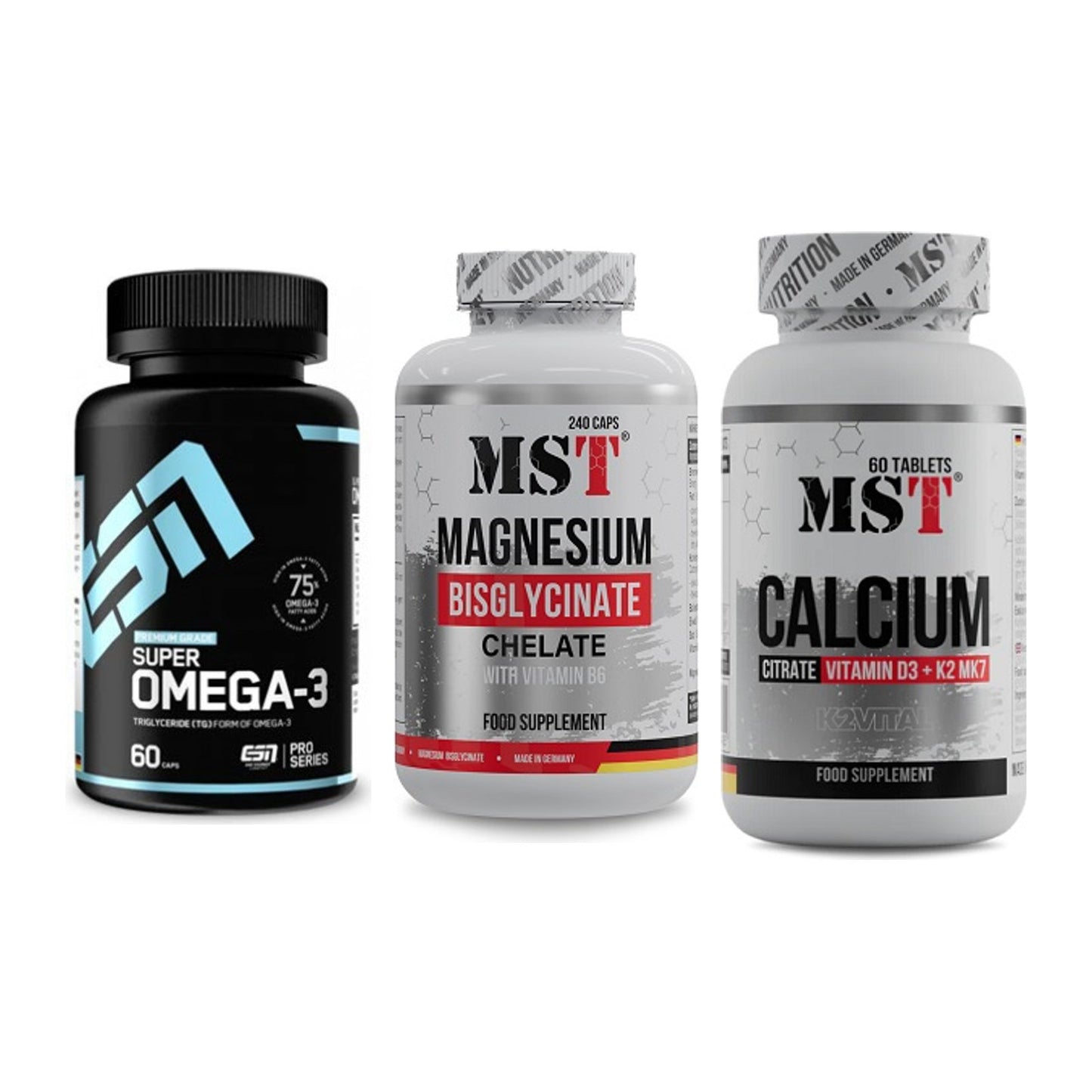 Herz & Gefäße: ESN Omega 3 + MST Magnesium + MST Calcium – alle enthaltenen Artikel