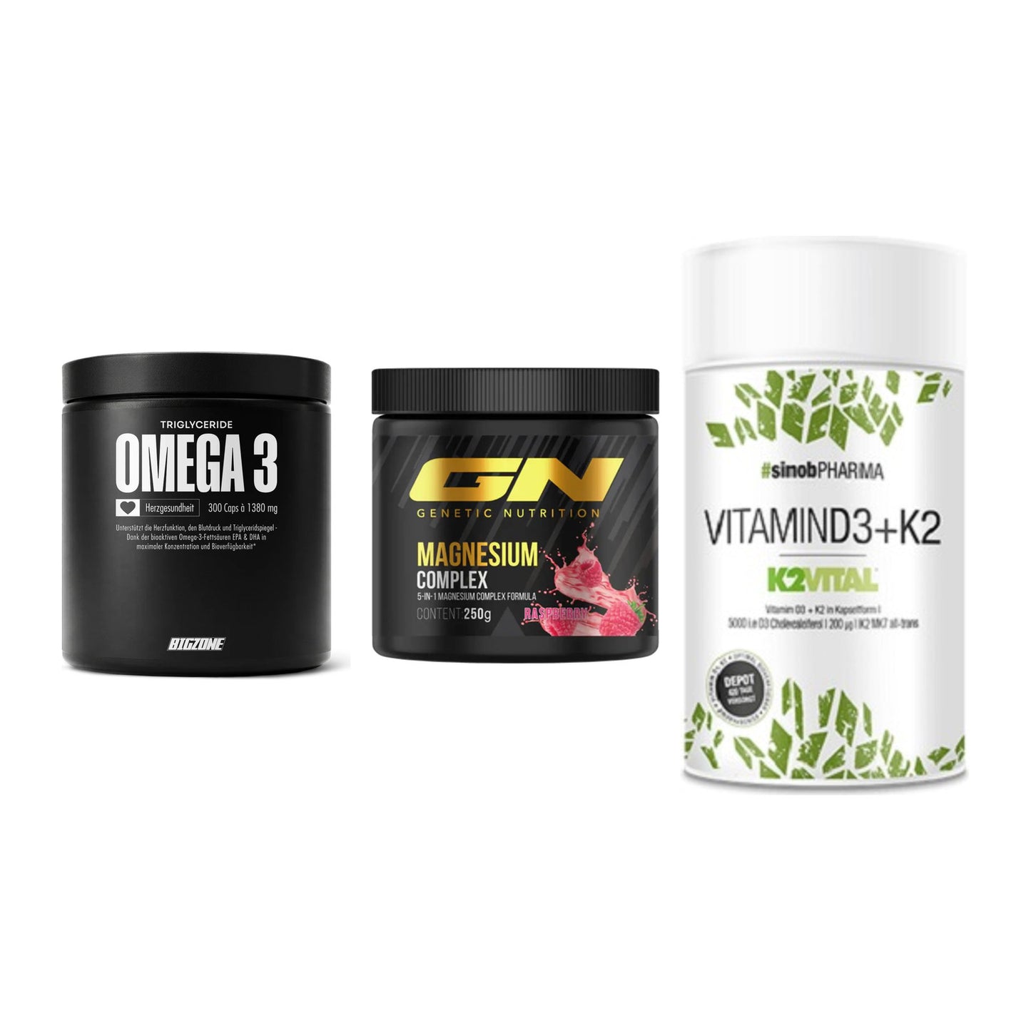Herz & Gefäße: Big Zone Omega 3 + GN Magnesium + Sinob Vitamin D3 – alle enthaltenen Artikel