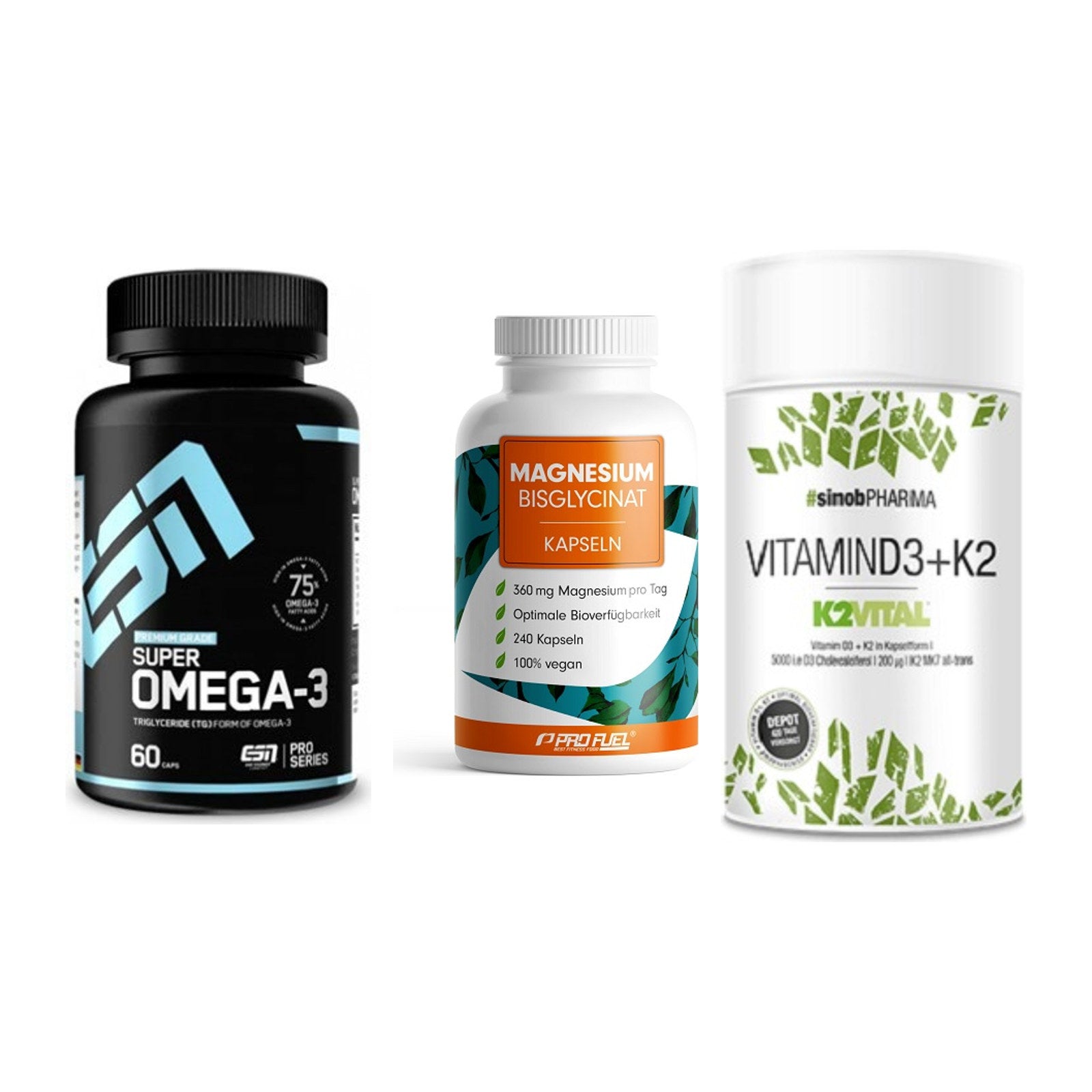 Herz & Gefäße: ESN Omega 3 + ProFuel Magnesiu + Sinob Vitamin D3 – alle enthaltenen Artikel