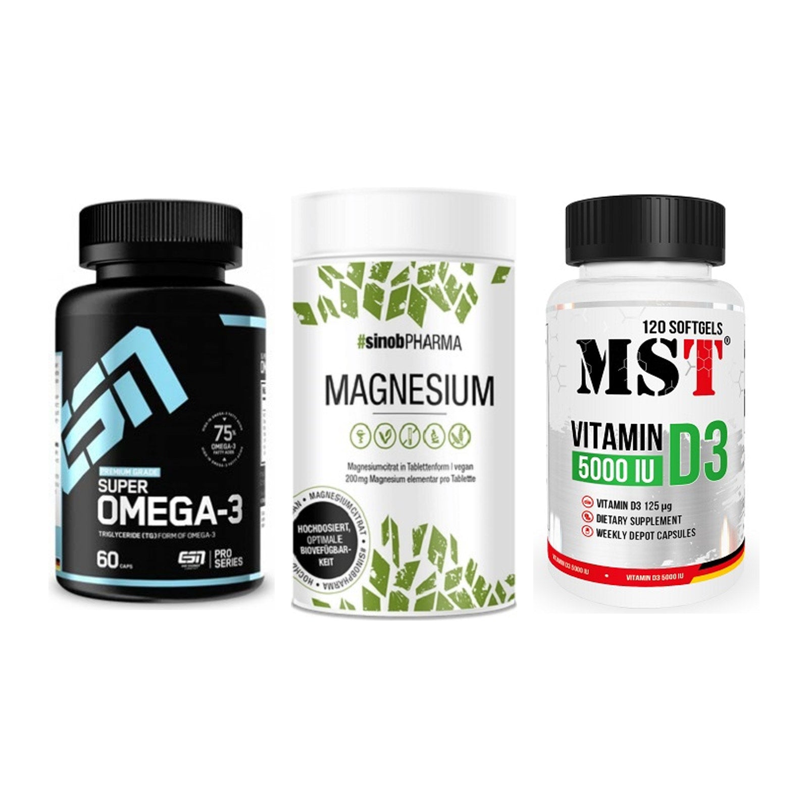 Herz & Gefäße: ESN Omega 3 + Sinob Magnesium + MST Vitamin D3 – alle enthaltenen Artikel