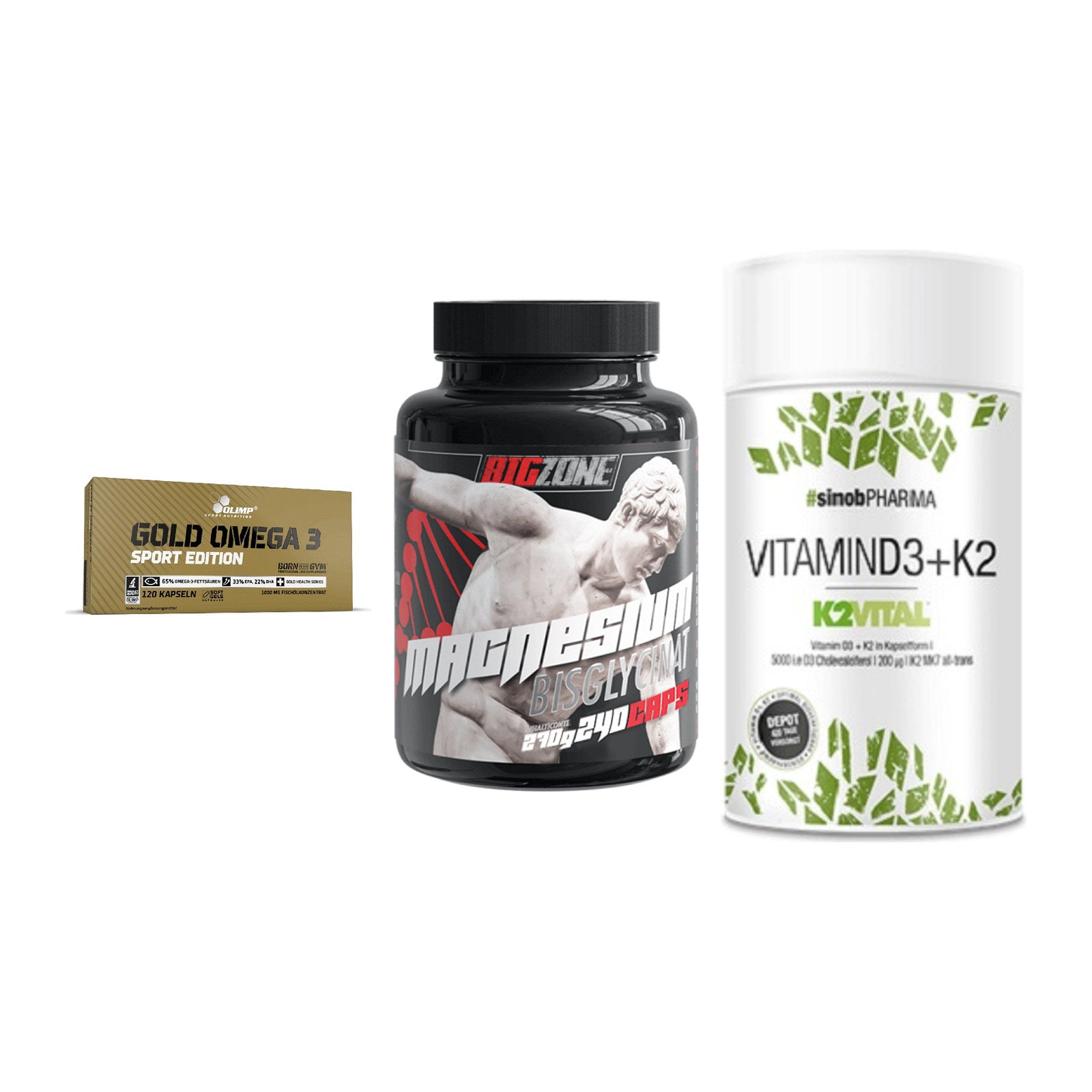 Herz & Gefäße: Olimp Omega 3 + Big Zone Magnesi + Sinob Vitamin D3 – alle enthaltenen Artikel